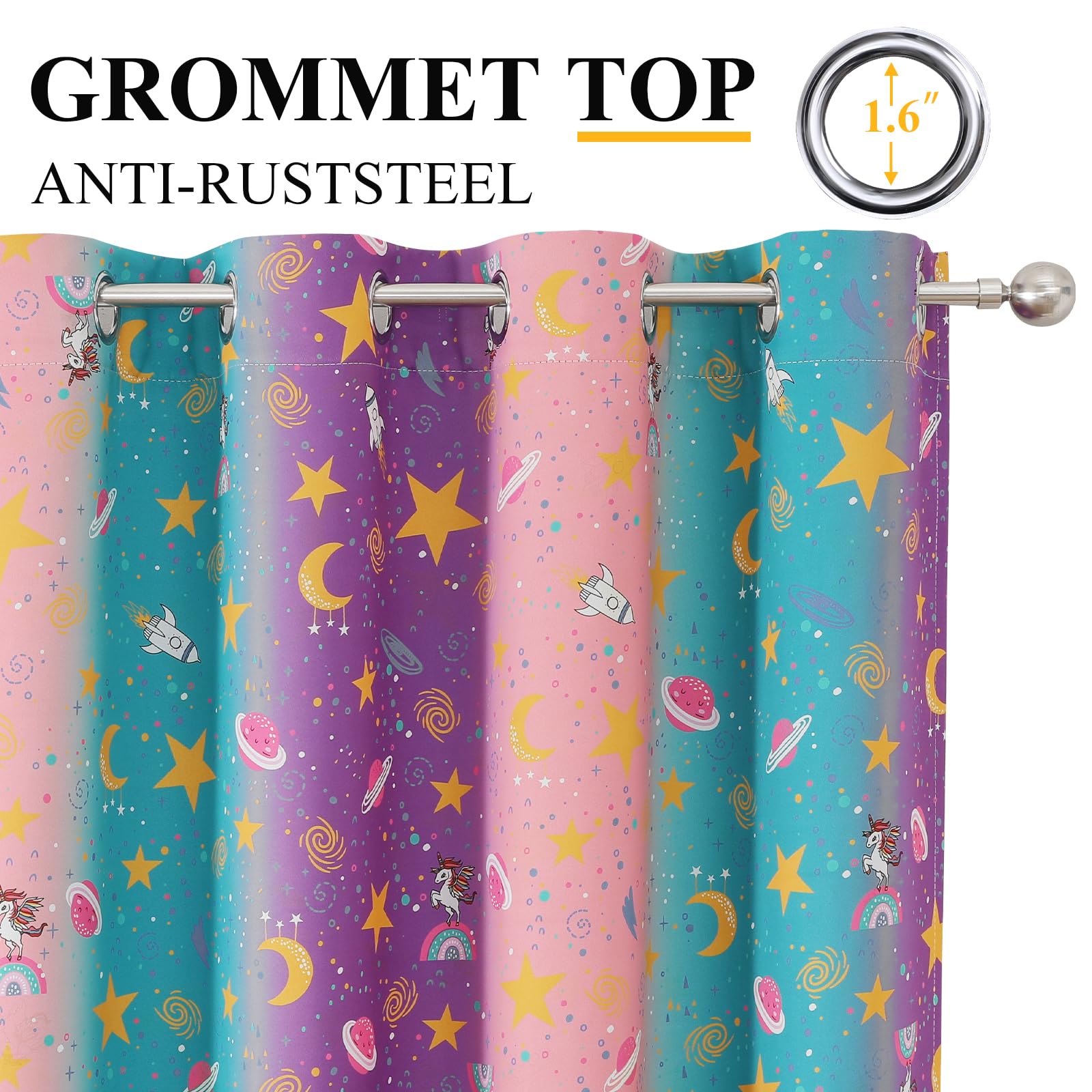 VEHEDE Kids Star Moon Prints Blackout Curtains for Girls Bedroom Rainbow Magical Unicorn Thermal Insulated Eyelet Curtain Window Drapes for Nursery 52 x L90 Inch - Image 4