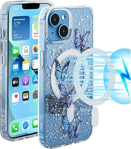 Miniatura 7 de DrewCloth Funda para iPhone 13 con parte trasera magnética MagSafe, funda transparente con diseño de mariposa azul con purpurina, caja fuerte para