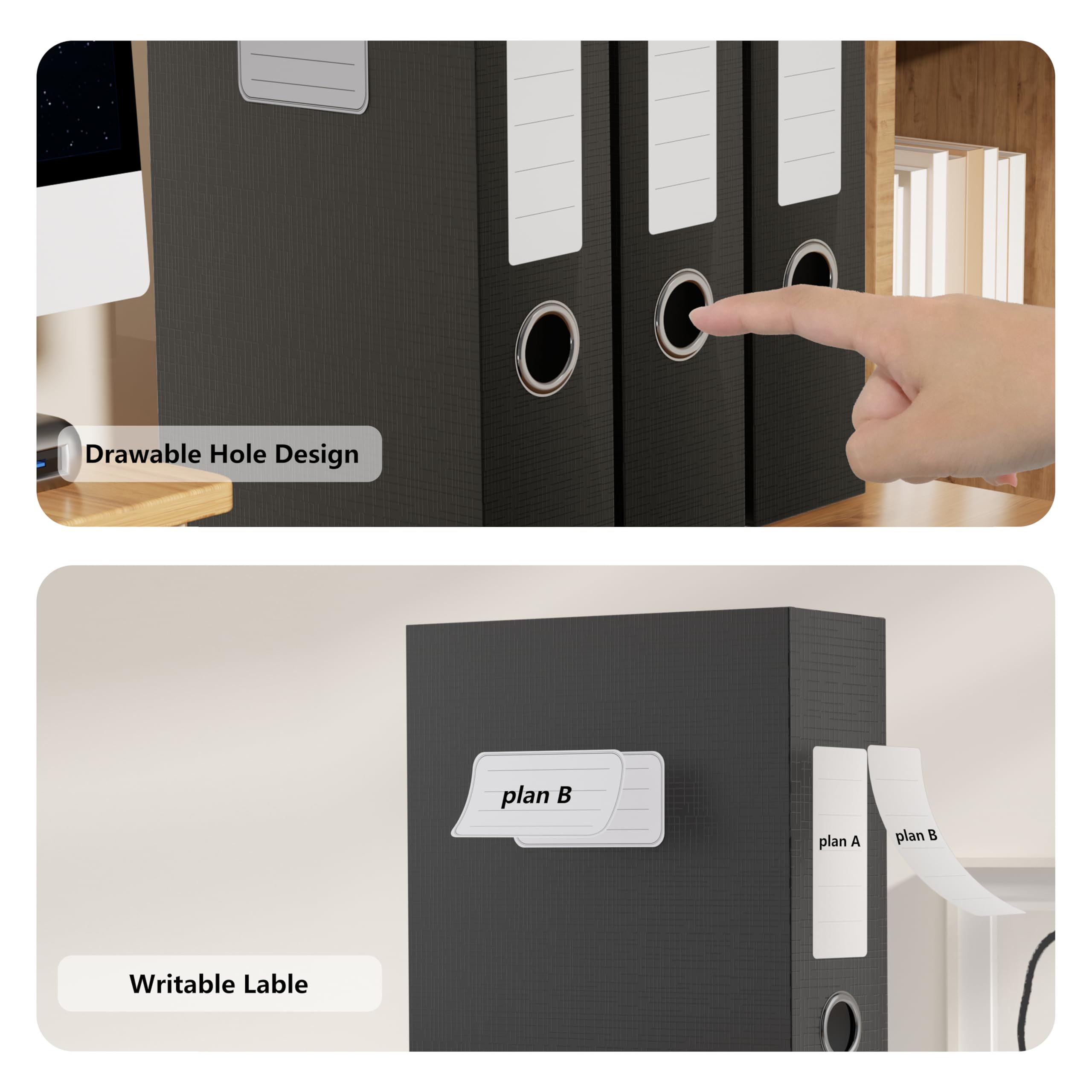 JiaWei Lot de 3 boîtes de classement A4 avec couvercle magnétique, dos de 80 mm, carton extra résistant de 1800 g/m², 32×24×8cm bureau Boite à Archive avec étiquettes remplaçables -Noir