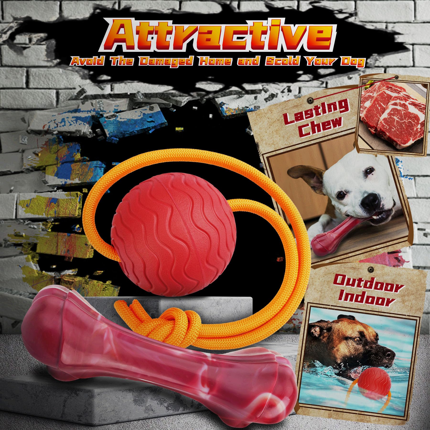 Robustes Kauspielzeug für Aggressive Kauer, 9 Stück, unzerstörbar, großes Hundespielzeug, inklusive Zerrkau- und Seilspielzeug, quietschendes Spielzeug für mittelgroße und große Hunde (für