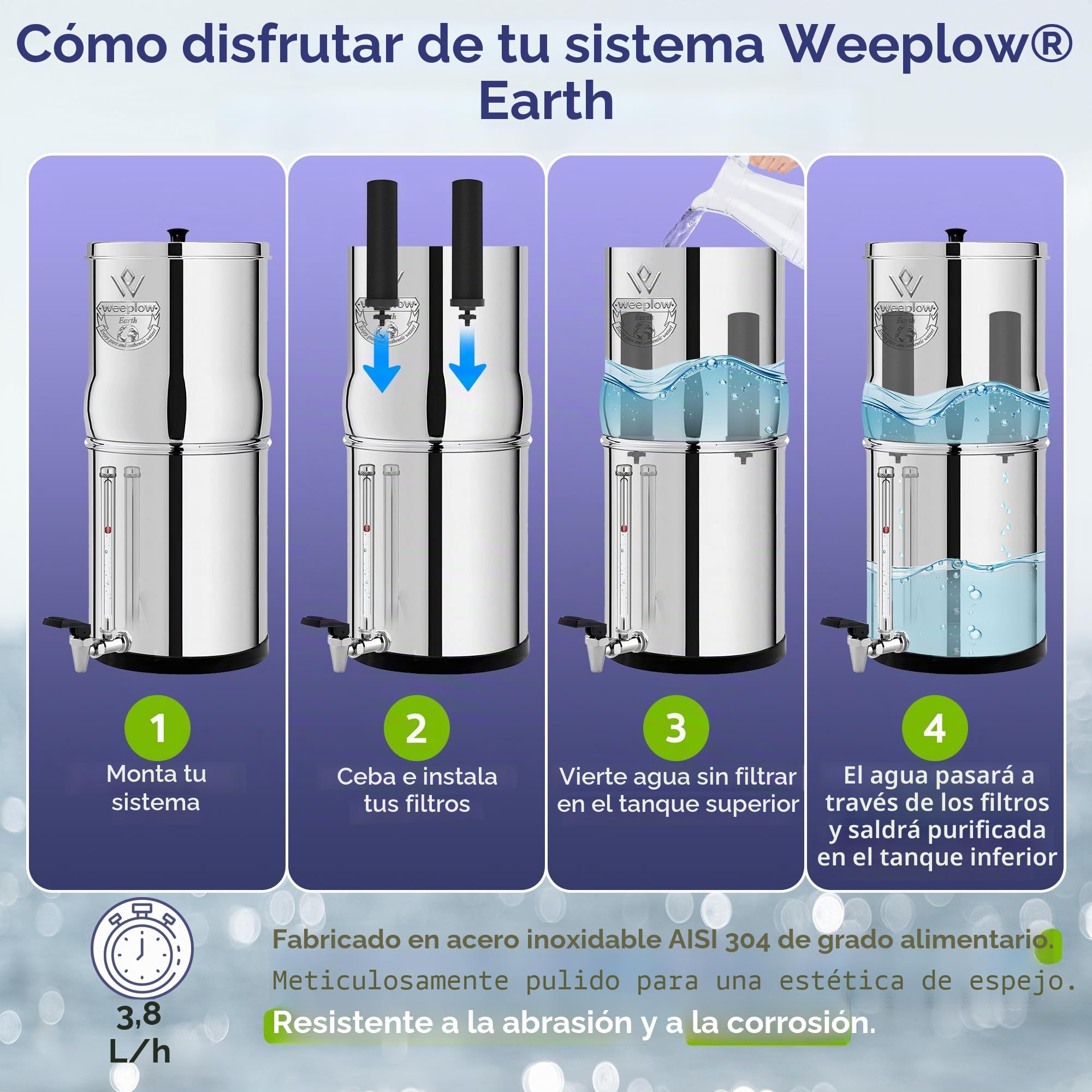 Weeplow® Earth – Sistema de filtración de agua por gravedad AISI 304 8,5 litros con 2 elementos de purificación O'Pure 2, grifo con nivel de agua y soporte de acero inoxidable