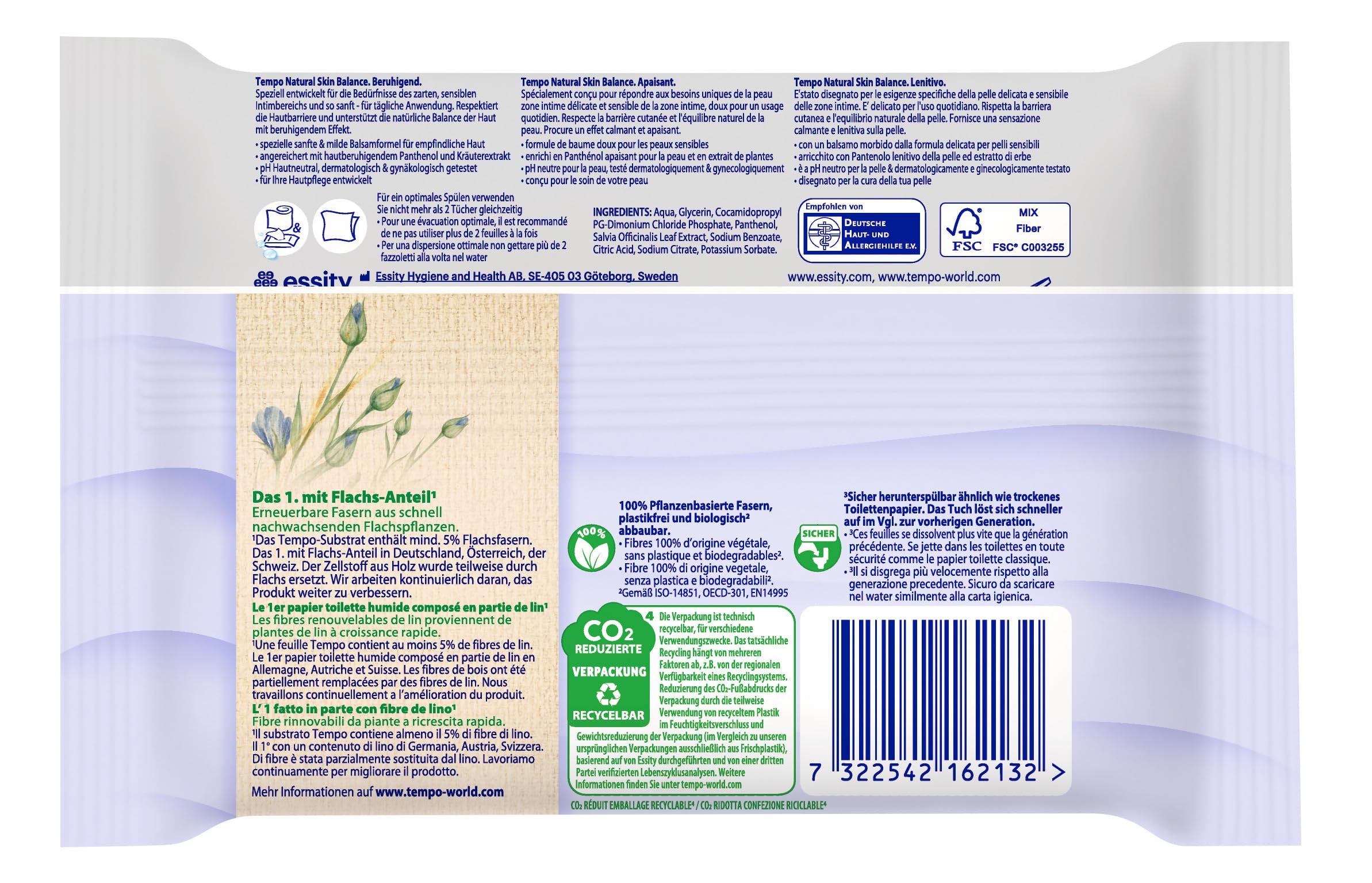 Tempo Feuchte Toilettentücher Natural Skin Balance -16 Packungen mit je 42 Tüchern - Mit Panthenol und Kräuterextrakt - Herunterspülbar
