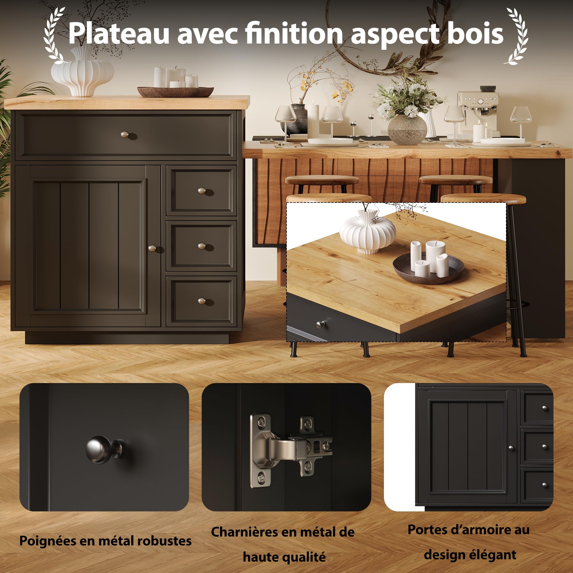 Îlot Central Cuisine Extensible avec 5 Tiroirs et Étagère Réglable, Grande Surface de Travail 120-184 cm, Meuble de Rangement sur roulettes pour Cuisine, Salle à Manger et Coin Repas (Noir)