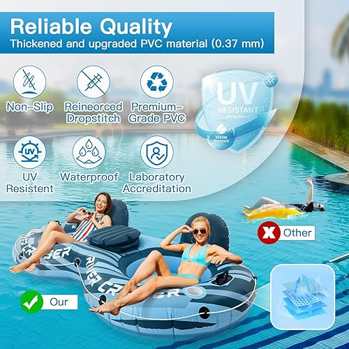 Miniatura 8 de 2025 Upgrade River Tube Floats for Adults Heavy Duty Pool Floats Inflatable Water Tube with Cup Holeder, Drink Cooler and Mesh Bottom Backrest (2