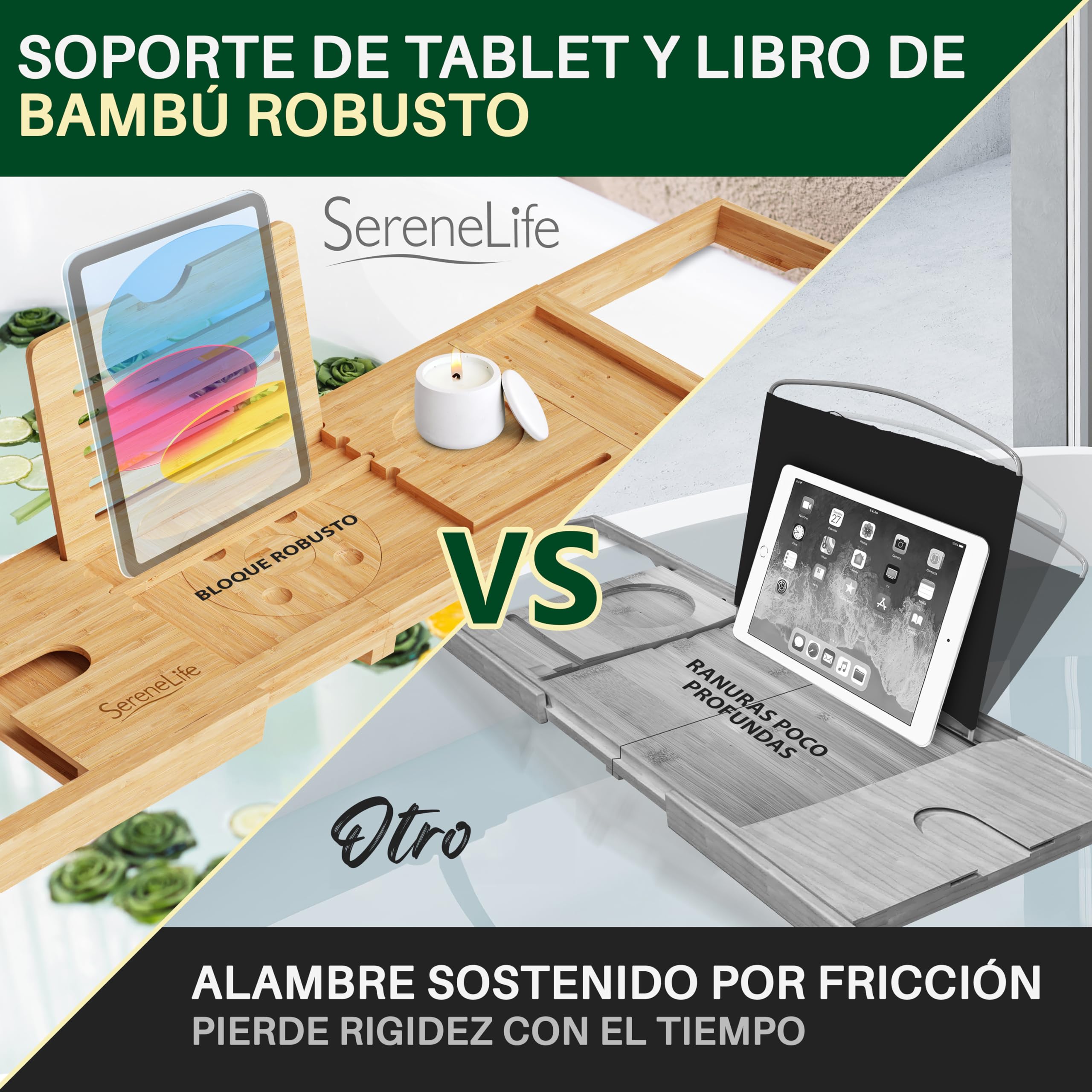 SereneLife bandeja para bañera, Plegable, Extensible de 30” a 43”, Ajustable, Baño, Soporte para copa de vino, Libro, Movil, Tablet, Facil almacenamiento