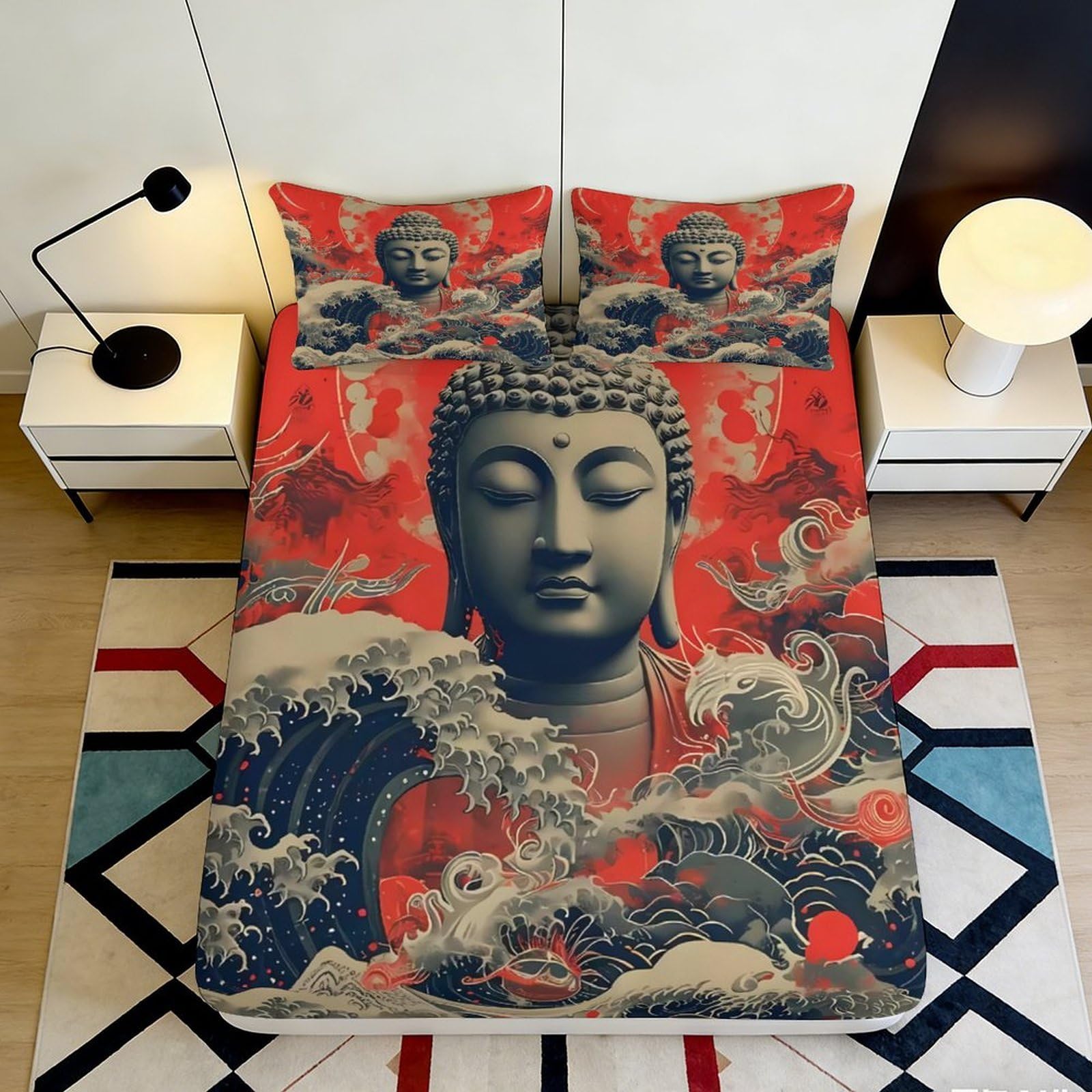3D Printed Japanese Wave Pattern Fitted Sheet Microfiber Elastic Hem Bedroom Bedding Decor Deep Pocket Washable Japanese Wave Mattress Fitted Cover 120x200x25cm