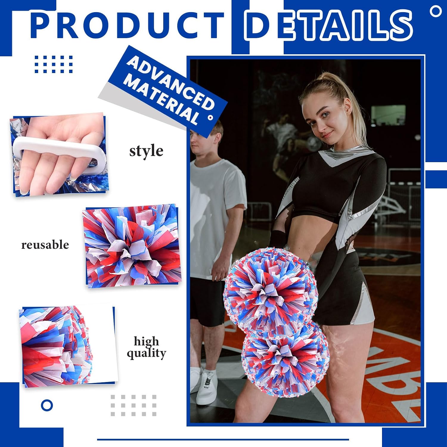 24 PCS pom poms Cheerleading,13.8inch for Sports Teams, Dance Training, and Party Celebrations with Handle Rings (Blue+Red+White)