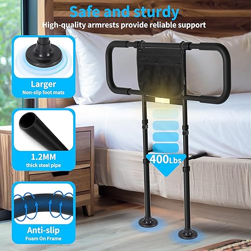 Miniatura 2 de Rieles de cama para adultos mayores rieles laterales ajustables con pata de soporte, bastón de cama con bolsa de almacenamiento y luz con sensor de