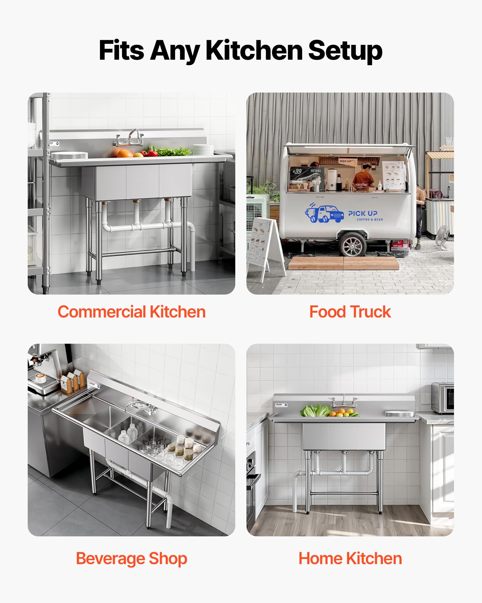 VEVOR Spülbecken mit 3 Becken & 2 Abtropfflächen & Spritzschutz, Küchenspüle (1372 x 508 x 1097 mm), Küchenspüle für Restaurants Imbisswagen Privaten Gebrauch, Edelstahlspüle Silber