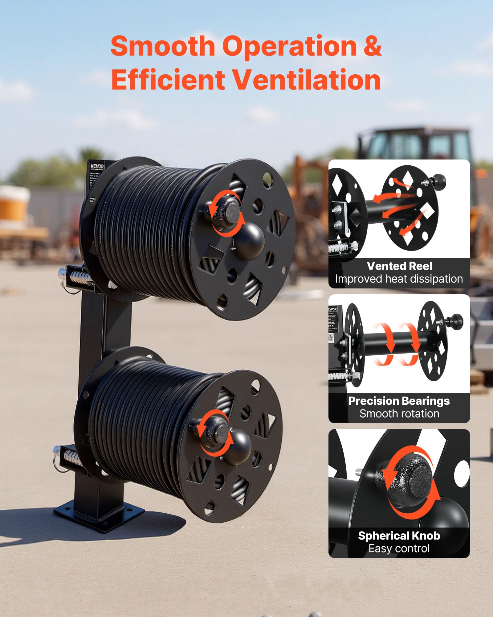 VEVOR Carrete de Cable de Soldadura Doble, Enrollador de Manguera de Acero para 45,7 m (50 mm²) y 38 m (70 mm²), con Pasador de Bloqueo para Camiones de Servicio, Mantenimiento de Flotas y Obras