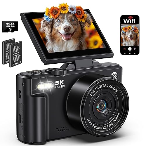 5K Digital Camera - WiFi 75MP UHD Vlogging Cameras for Photography - Autofocus Video Camera for Photography with 18X Zoom 3" 180° Flip Screen - Vlog Travel Camara with 32GB SD Card 2 Batteries - 5K 75MP - Black