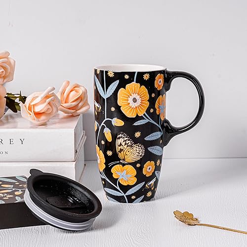 Miniatura 5 de Taza de café de viaje de cerámica con tapa para el hogar y la oficina, taza de té grande de porcelana de 17 onzas con mango de arte floral en caja