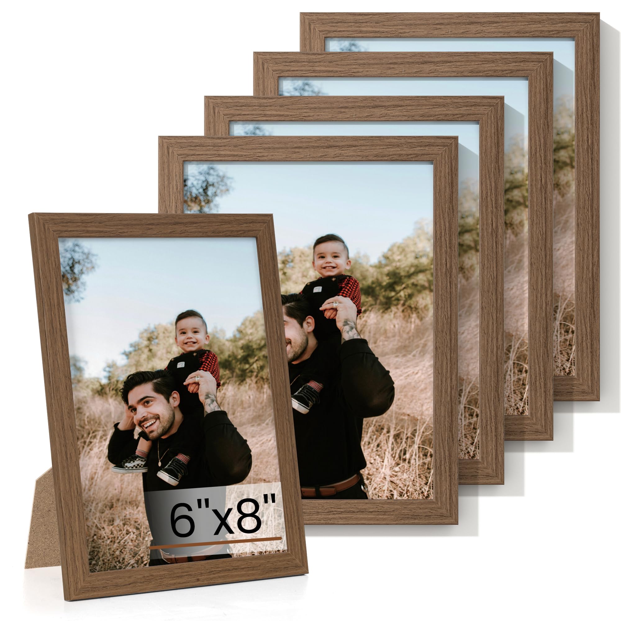 Heimlove 6x8 Picture Frame Set of 5,Photo Frames Display Pictures 6"x8",Walnut Picture Frames 6x8 Wall Gallery Collage Wall Mount or Tabletop Display for Certificate Document