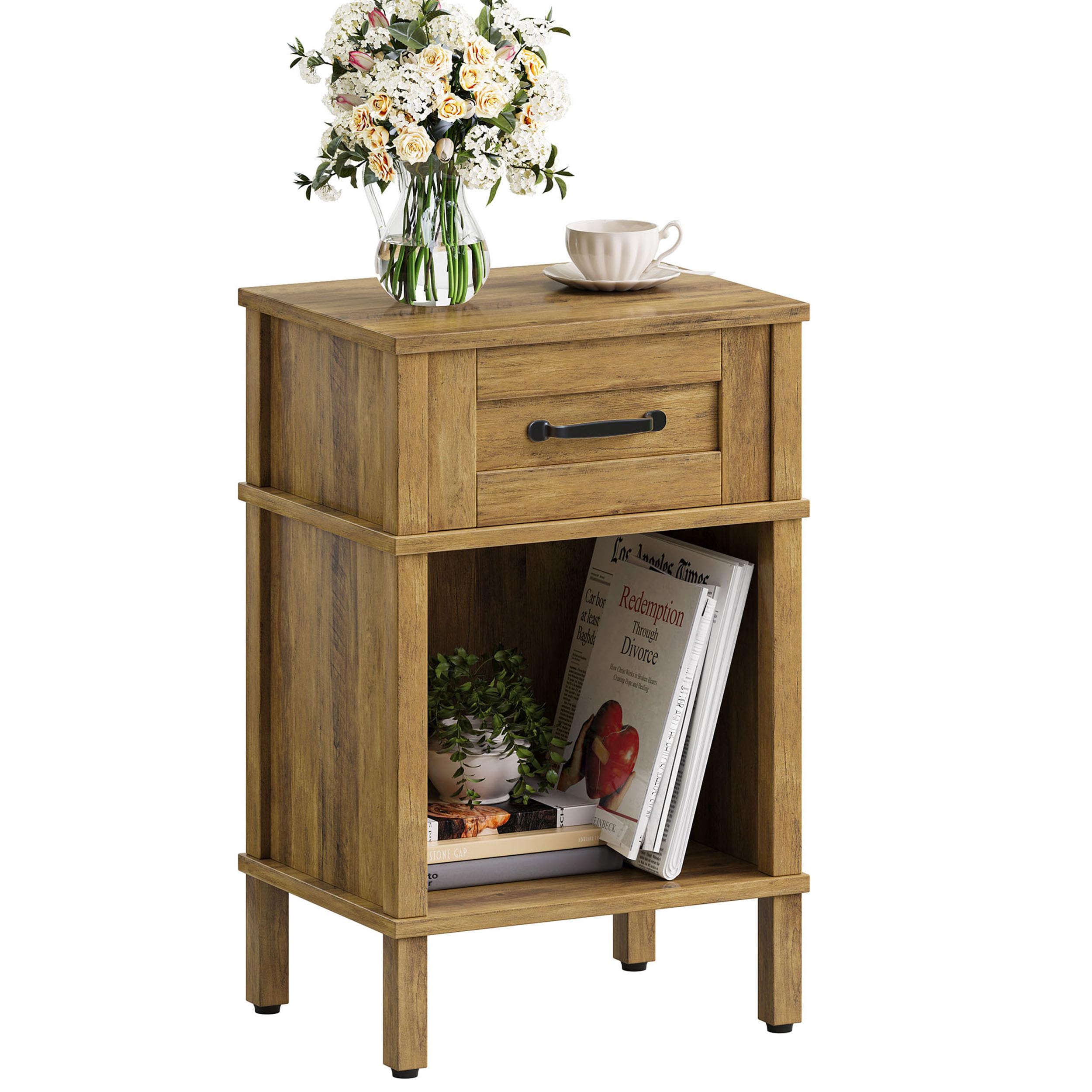 Mesita de Noche de Madera Mesita Auxiliares con Cajones Compartimento Abierto Moderna Minimalista Bedside Table Dormitorio Sala de Estar Marrón rústico LET512DR