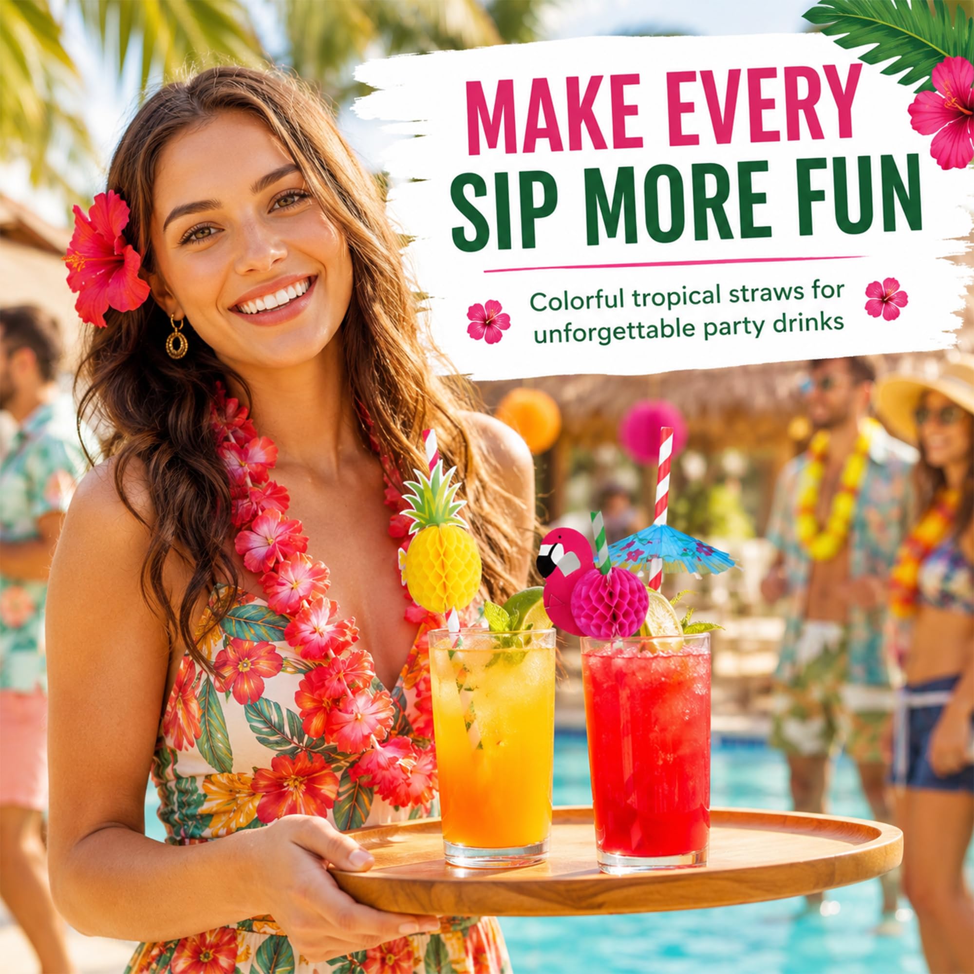Haundry 100 pajitas de cóctel Luau para fiesta, paraguas de bebida, pajillas de papel de frutas y flamencos para decoración de fiesta hawaiana de verano tropical