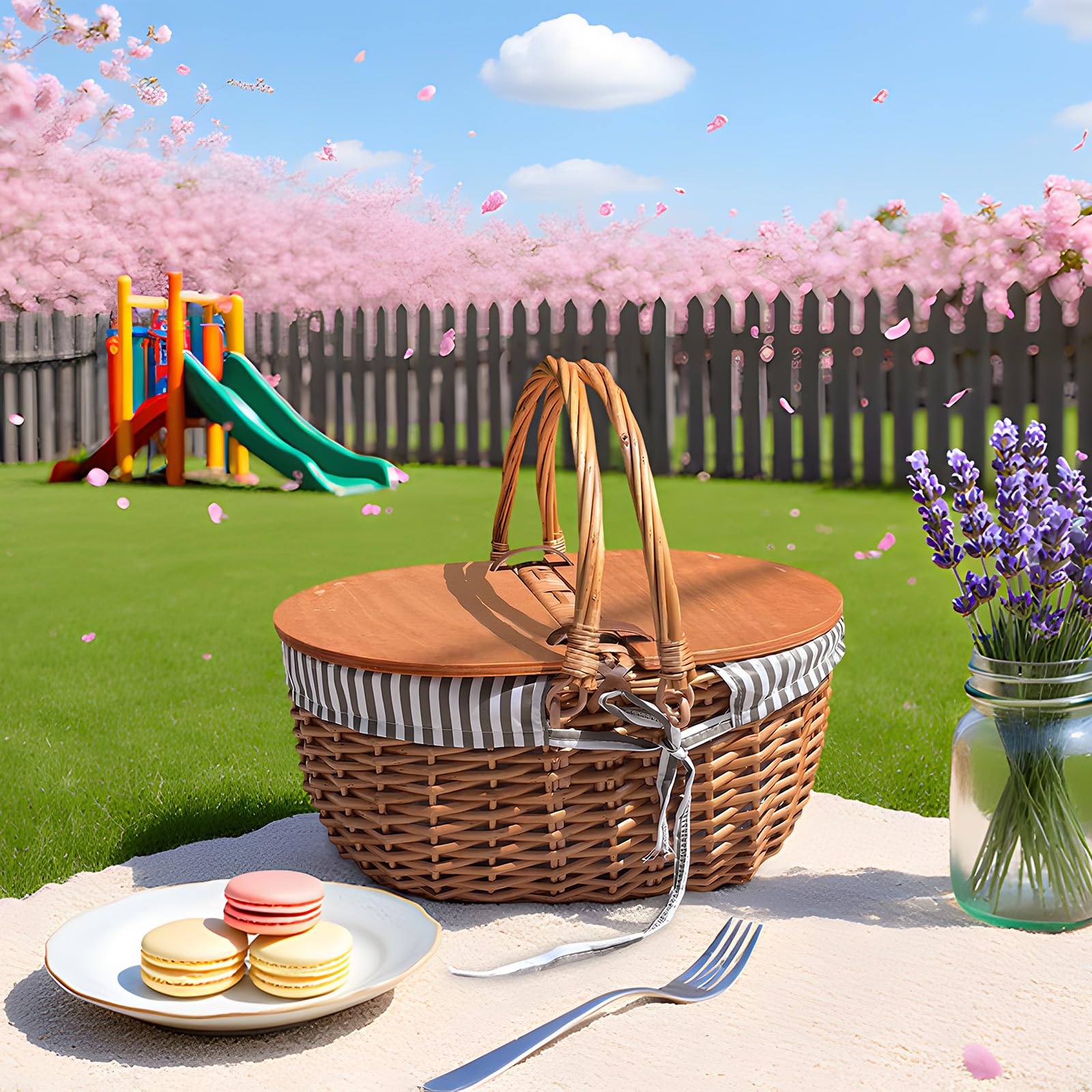 Panier Pique-Nique, Panier en Osier avec Couvercle et poignée, 39 cm, tressage en Saule et Paille, Panier Portable pour Camping, Sorties en Plein air, fêtes et Repas en extérieur