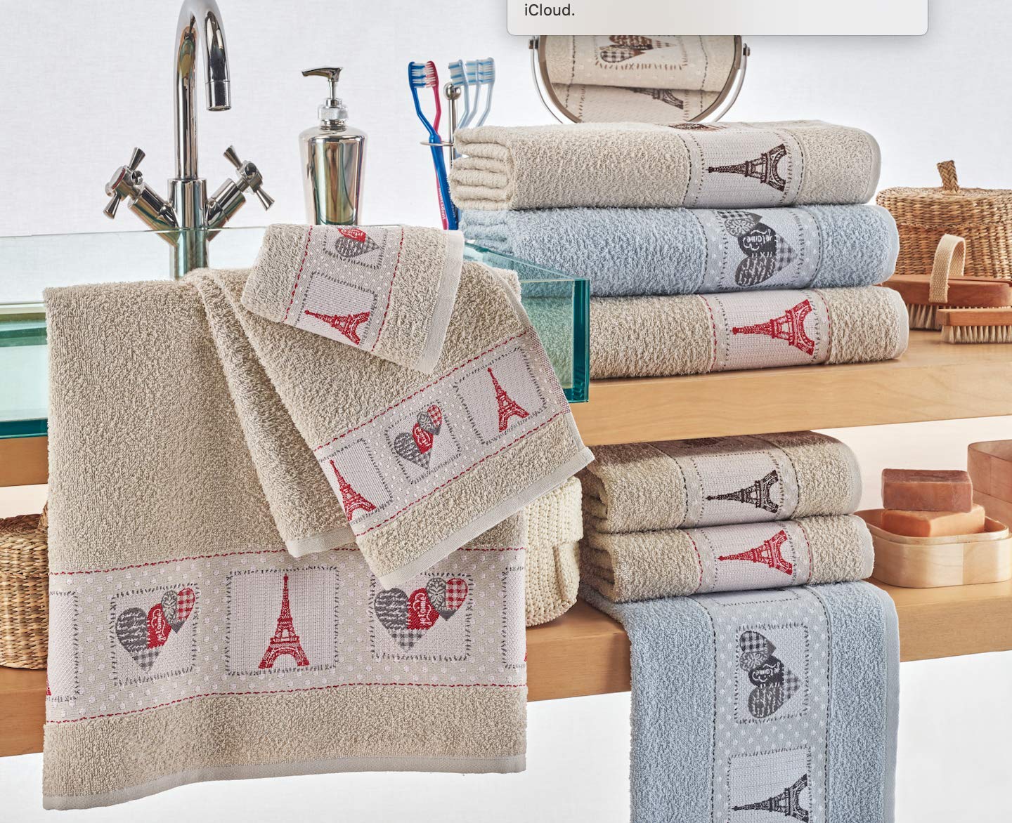 ITALYSWEETHOME SALVIETTE Set Viso OSPITE Telo Doccia Spugna 100% Cotone Cuore Parigi Made in Italy (Beige)