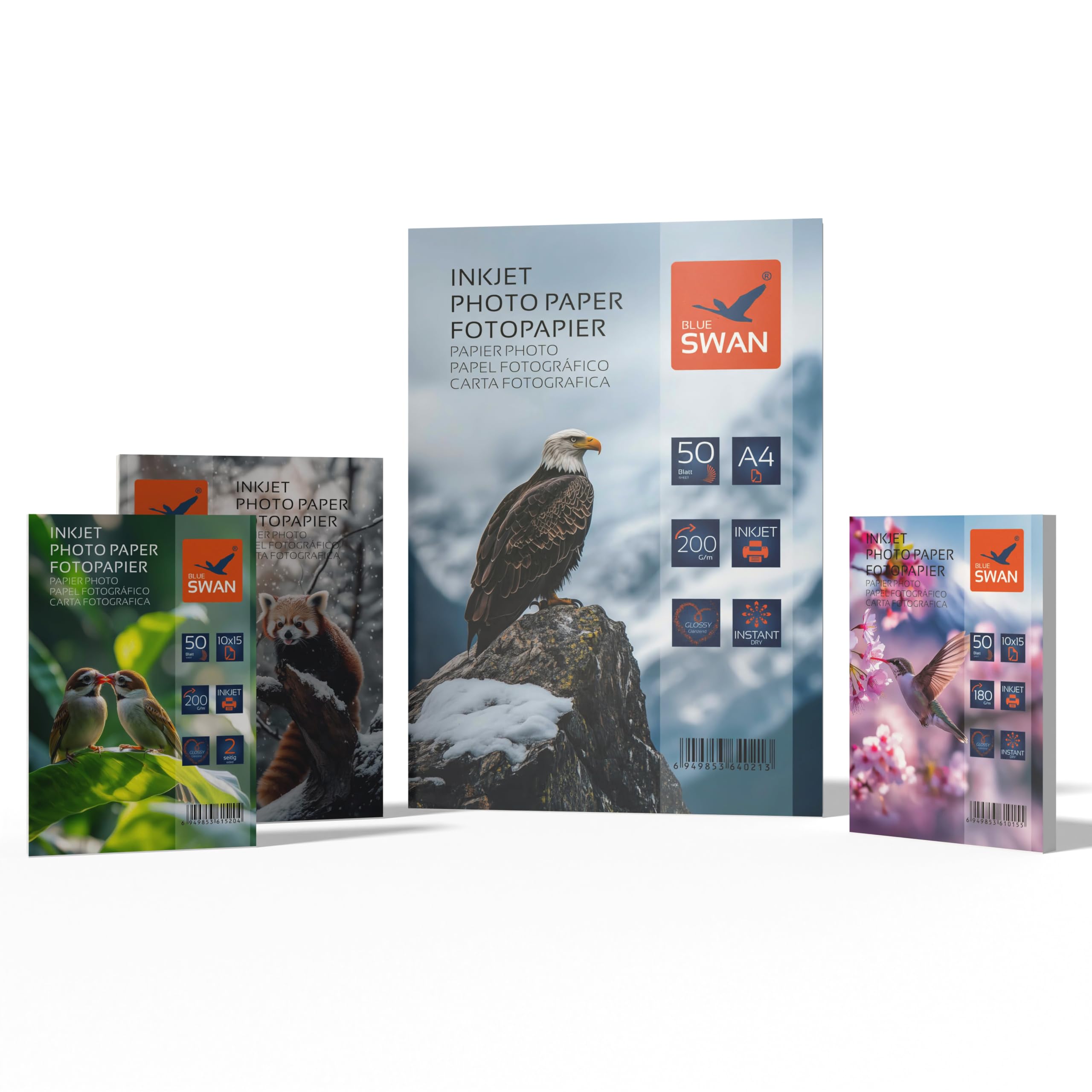 BLUE SWAN Carta Fotografica Lucida Combo, 200 Fogli – A4/13x18/10x15, 180/200 g/m², Mono e Bifacciale, Asciugatura Rapida, Resistente ad Acqua e Graffi, Compatibile con Stampanti Inkjet