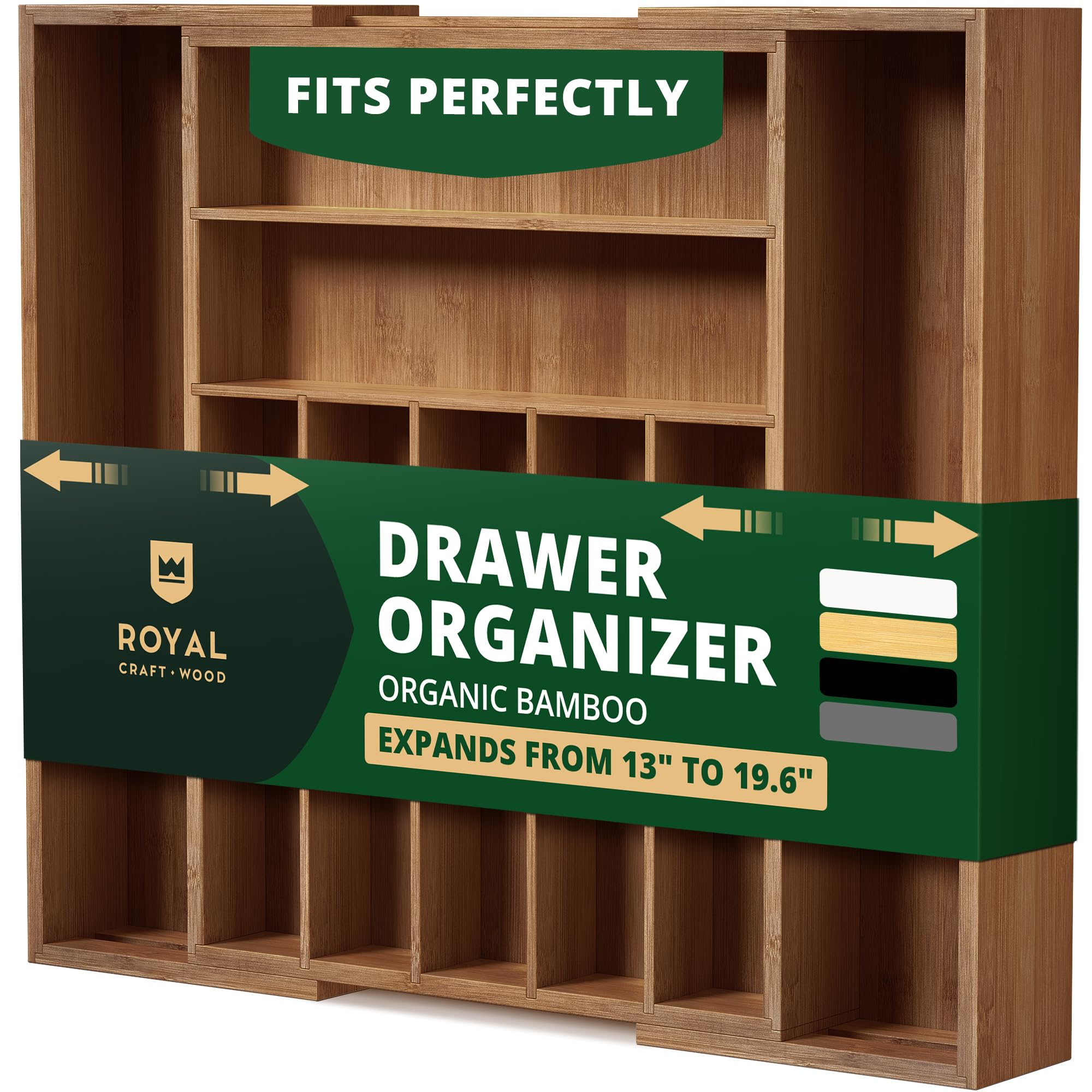 ROYAL CRAFT WOOD Luxury Bamboo Kitchen Drawer Organizer - Silverware Organizer - Utensil Holder and Cutlery Tray with Grooved Drawer Dividers for Flatware and Kitchen Utensils (9 Slot, Brown Bamboo)