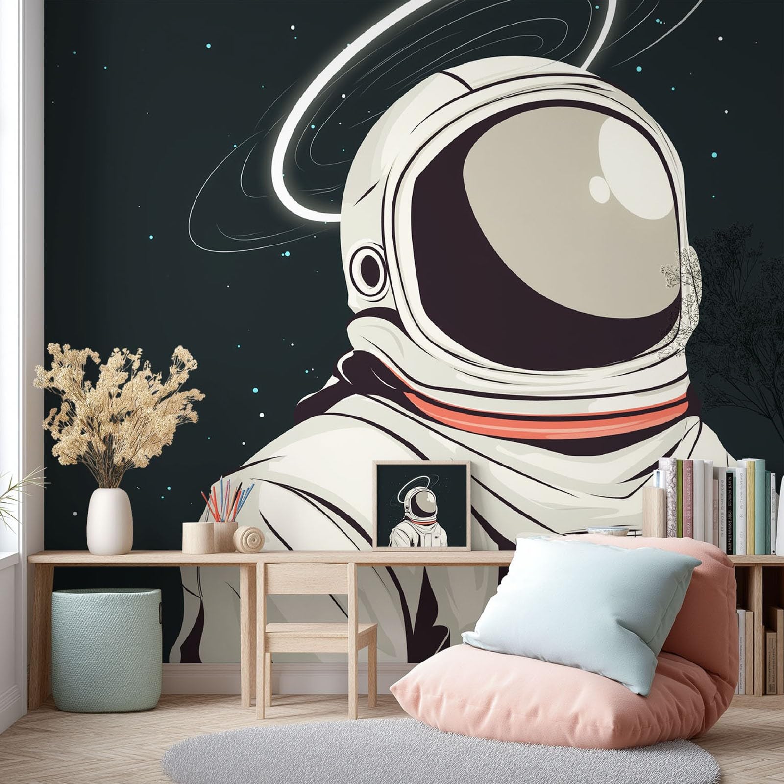 Fototapeta z włókniny w stylu vintage, grafika powierzchniowa, czarny, gwiaździste niebo, światło i cień, 350 x 256 cm, tapeta ścienna, tapeta na fizelinie, tapeta do pokoju młodzieżowego, biura