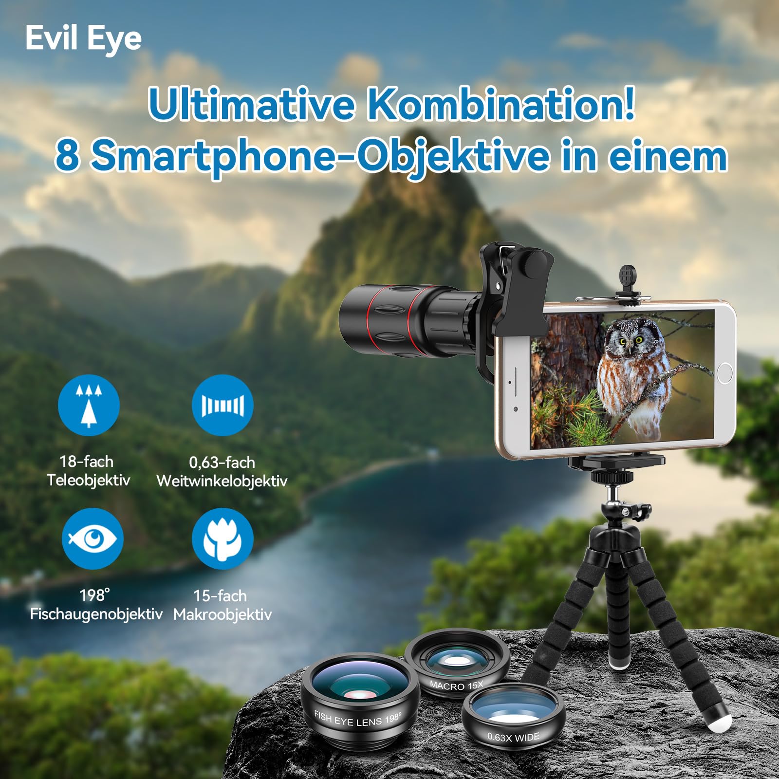 Apexel Zestaw obiektywów do aparatu telefonu 18X teleobiektyw/szeroki kąt i obiektyw makro/obiektyw rybie oko/filtr gwiazd z zdalnym statywem migawki do iPhone'a Samsunga i większości smartfonów
