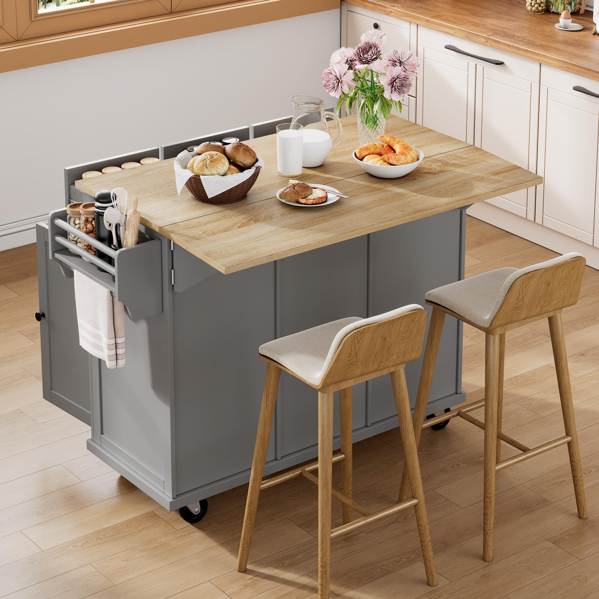 Chariot de cuisine à roulettes avec plan de travail rabattable, armoire de buffet, 2 tiroirs et 4 portes, pour cuisine et salle à manger, 112 x 74,6 x 94,2 cm (gris)