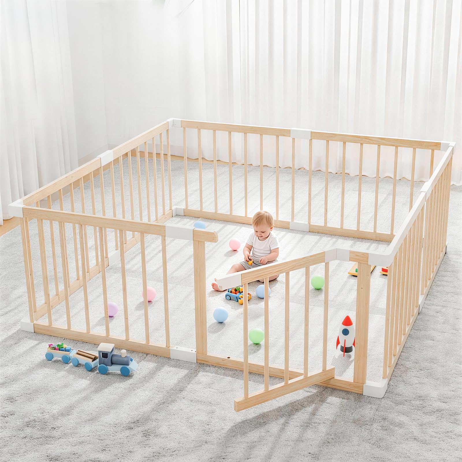 Laufstall Baby, Laufgitter Baby aus Holz, faltbar mit Tür & Sicherheitsverschluss, individuell formbarer Krabbelgitter Absperrgitter für Babys & Kleinkinder
