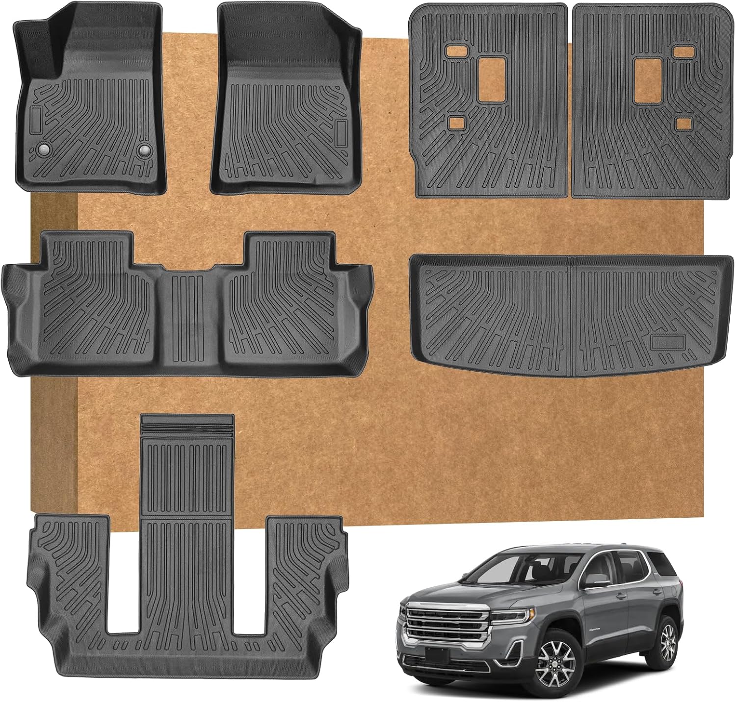 Floor Mats for GMC Acadia 6 Passenger 2017-2023, TPE Waterproof Non-Slip All Weather Protection Custom, Floor Mats & Cargo Liner & Seatback Mat