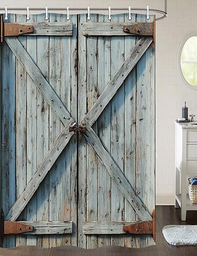 Miniatura 9 de JAWO Cortina de ducha para puerta de granero occidental, estrella del oeste de Texas en tablero de madera rústica, juego de cortina de ducha de