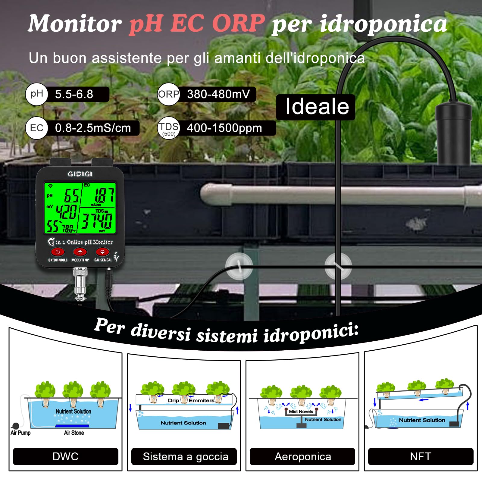 Misuratore di pH/EC/TDS/sale intelligente WiFi 8 in 1 con ORP, umidità e temp, monitor dei nutrienti per l'idroponica e tester salinità per acquario, vasca per pesci, soluzioni di calibrazione incluse