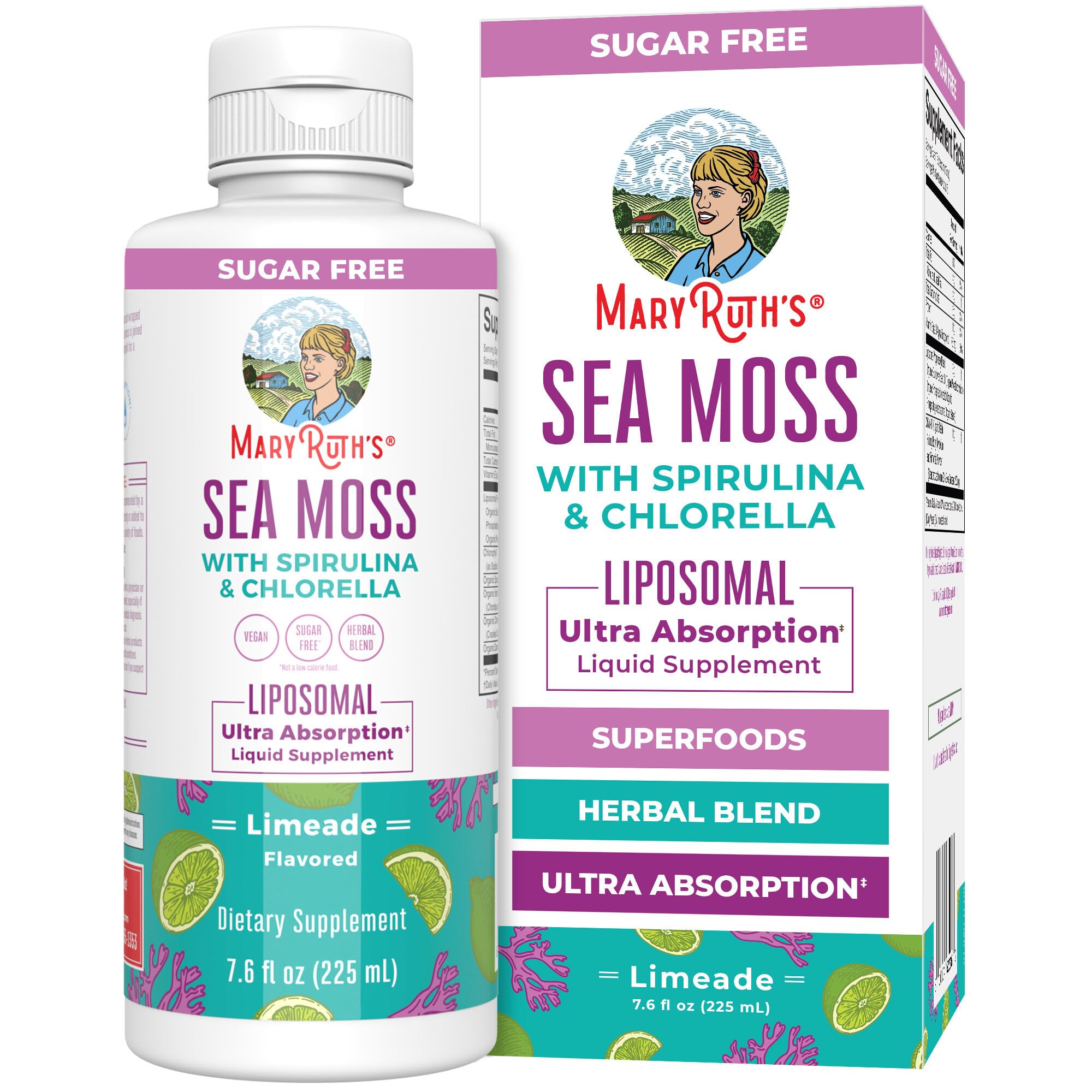 MaryRuth Organics Sea Moss with Spirulina and Chlorella Liposomal | Chlorophyll | Dandelion Root | Superfood | Ultra Absorption | Vegan | Non-GMO | Gluten Free | 7.6 fl oz | 15 Servings