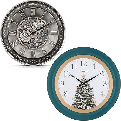 Reloj de pared grande de 24 pulgadas con engranaje móvil para decoración de sala de estar, número romano de metal plateado + reloj de pared verde