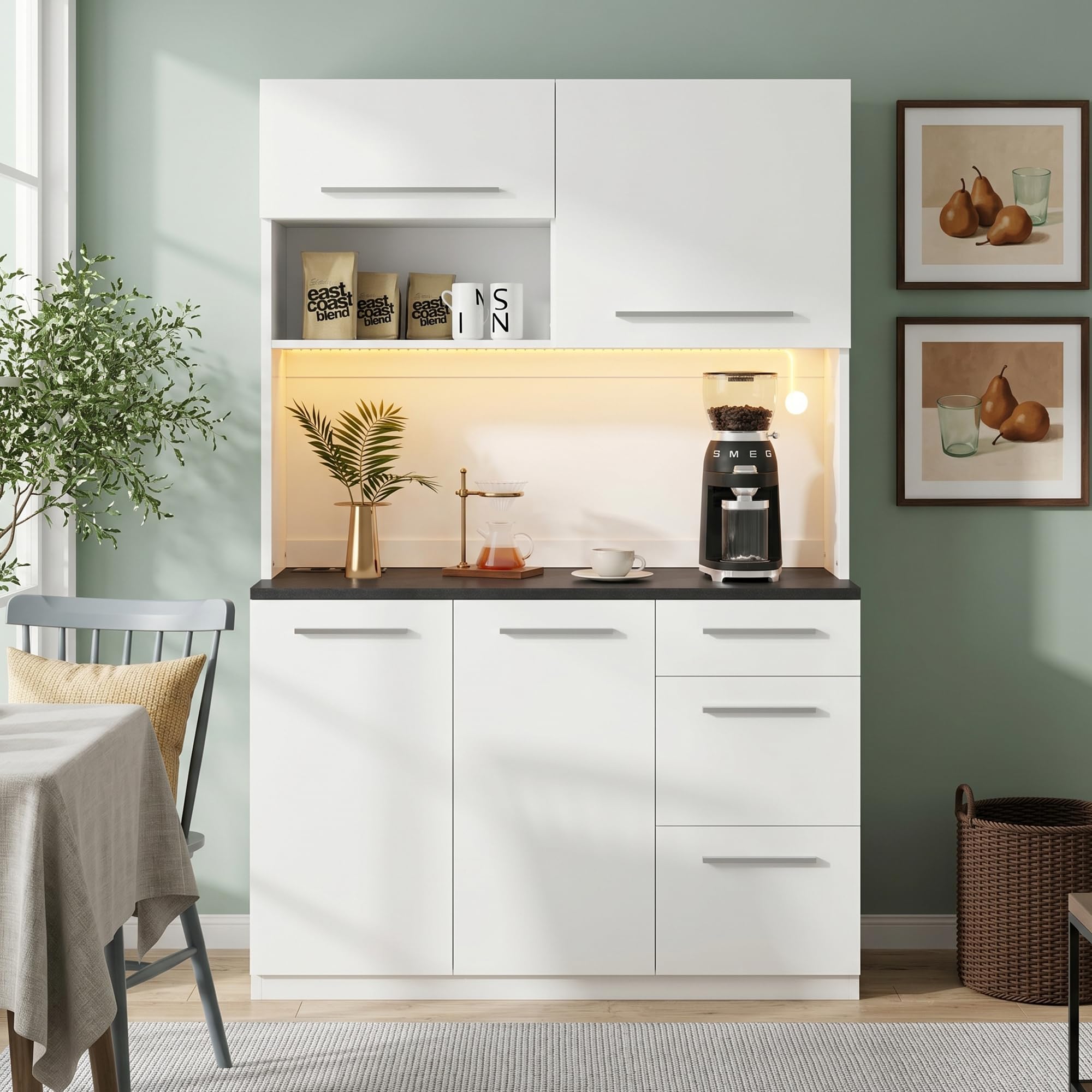 Küchenschrank mit Arbeitsplatte und LED-Beleuchtung und USB, Weiß