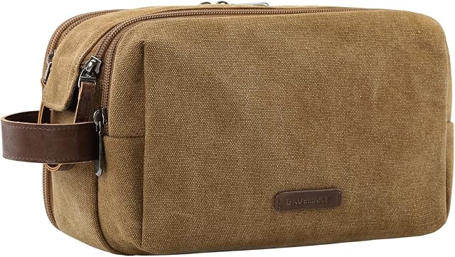 BAGSMART Toiletry Bag for Men, Canvas Travel Toiletry Organizer Dopp Kit Water-resistant Shaving Bag for Toiletries Accessories,Khaki-Large