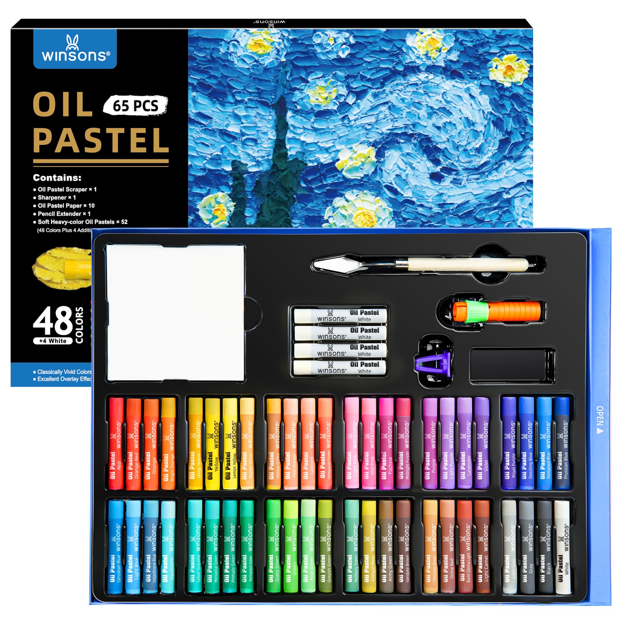 WINSONS Zestaw 65 pastelów olejnych, 48 delikatnych kolorów i dodatkowe 4 białe pastele, kompletny zestaw artystyczny z uchwytem, skrobak, temperówka i papier pastelowy, nietoksyczne, gładkie
