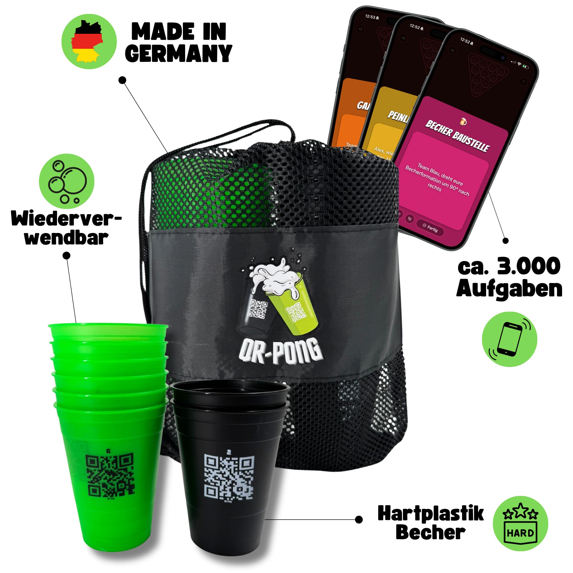 Set – Bierpong Becher Set mit 22 Bechern & 4 Bällen, Trinkspiel für Erwachsene, App mit 3.000+ Aufgaben, Beerpongbecher Hartplastik, Made in Germany, Partyspiel ab 18