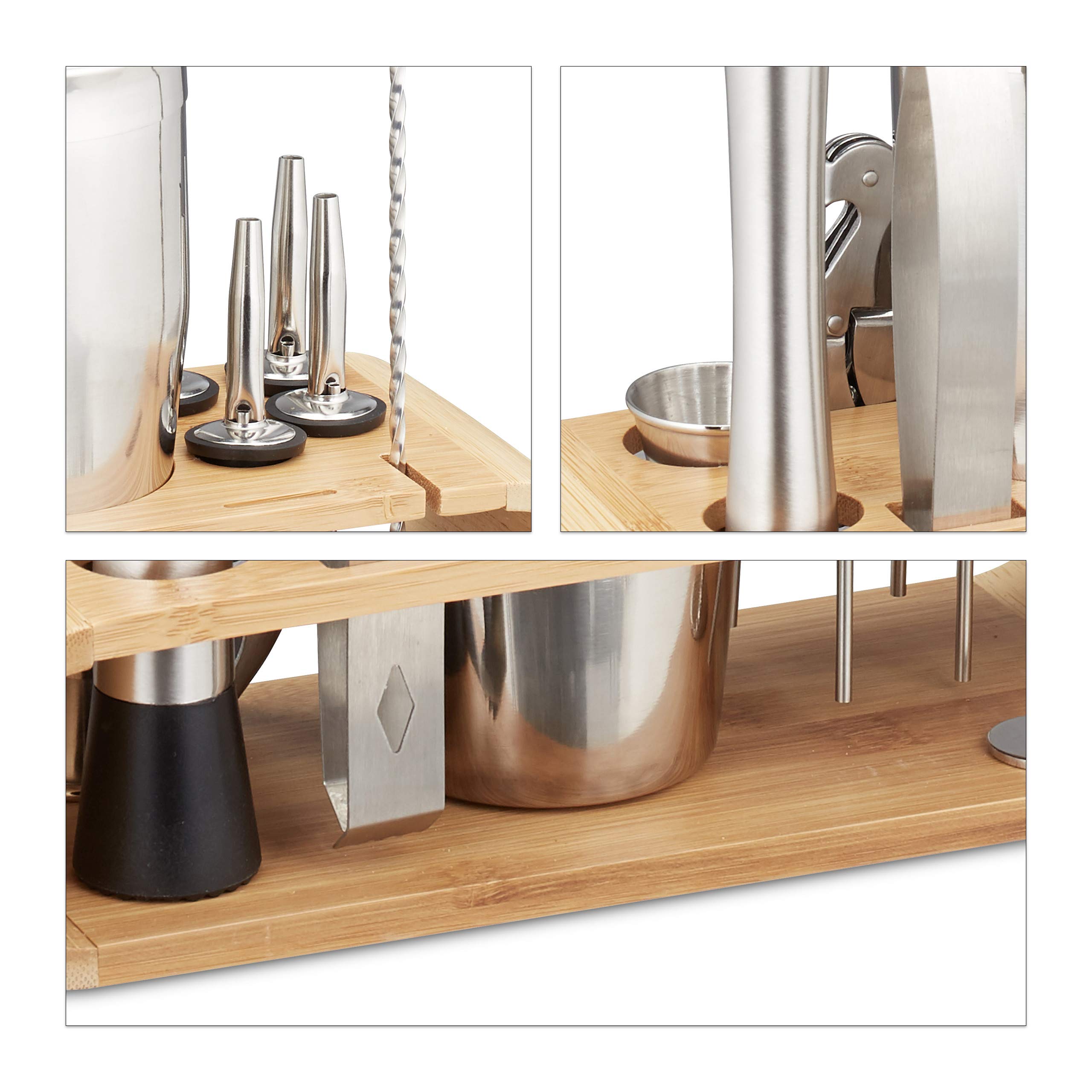 Relaxdays Set da Cocktail, 11 Accessori per Barman, Kit con Supporto, Shaker, Misurino, Pinza Ghiaccio, Argento Naturale
