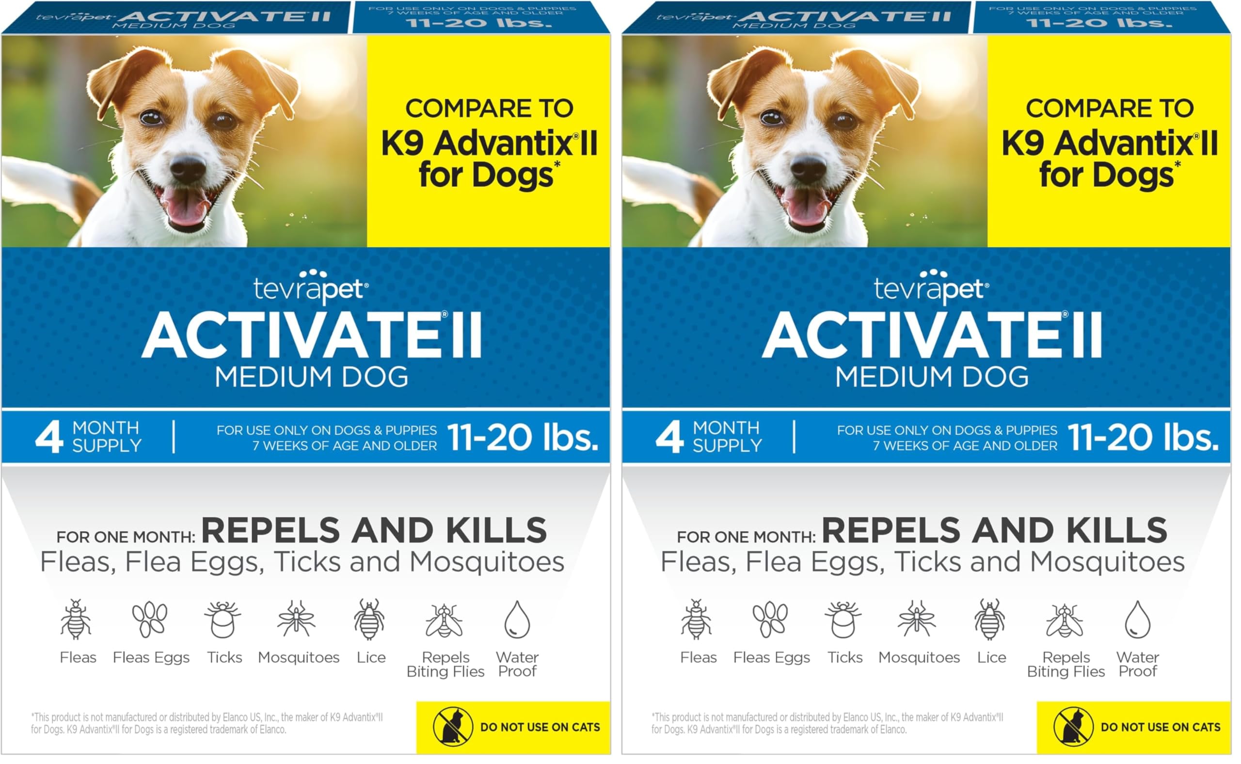 TevraPet Activate II Flea and Tick Prevention for Dogs | 4 Count | Medium Dogs 11-20 lbs | Topical Drops | 4 Months Flea Treatment (Pack of 2)