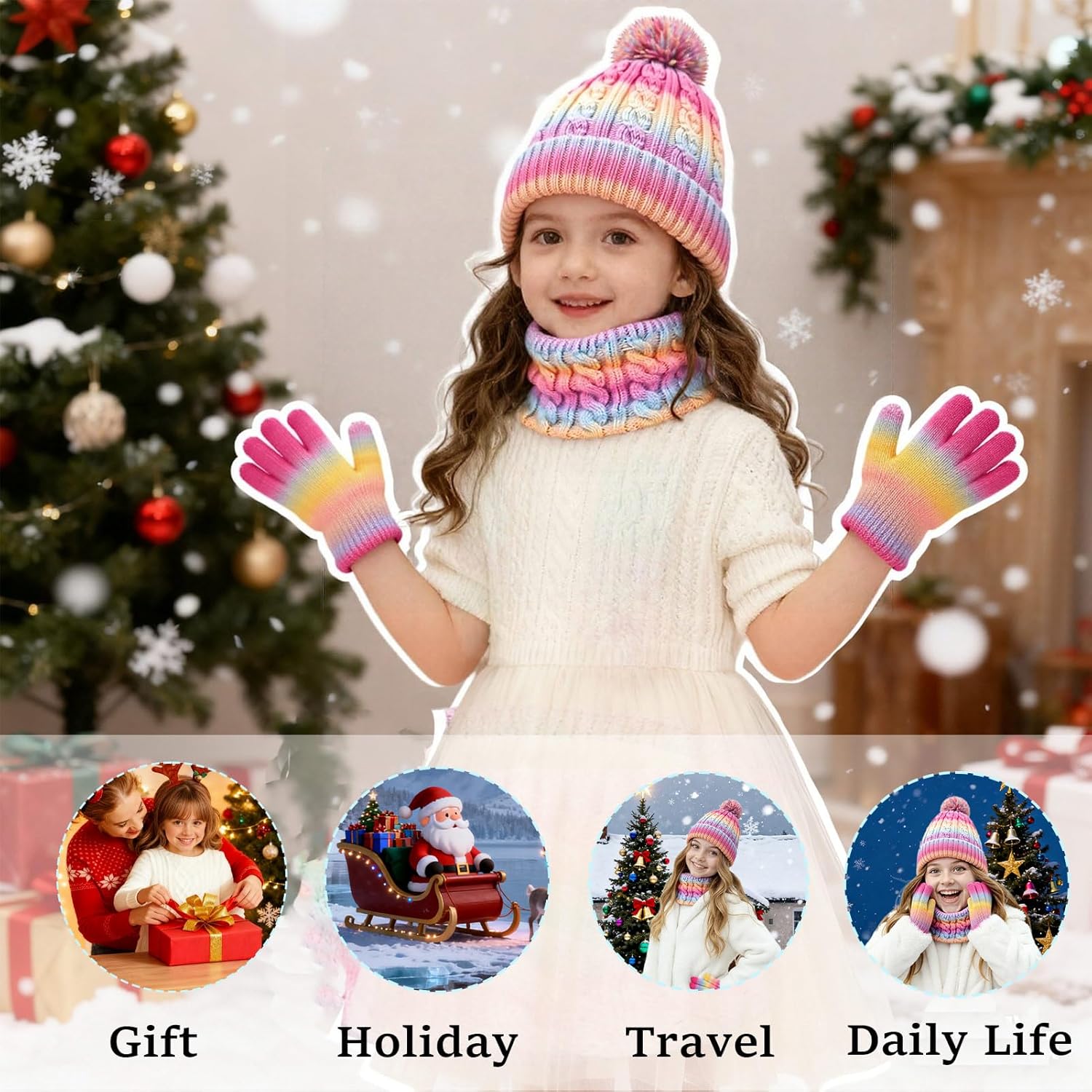 Girls Winter Hat Scarf Gloves Set, Warm Fleeve Rainbow Color Beanie Knit Scarf Mittens Kids Children Christmas Gifts - Image 5