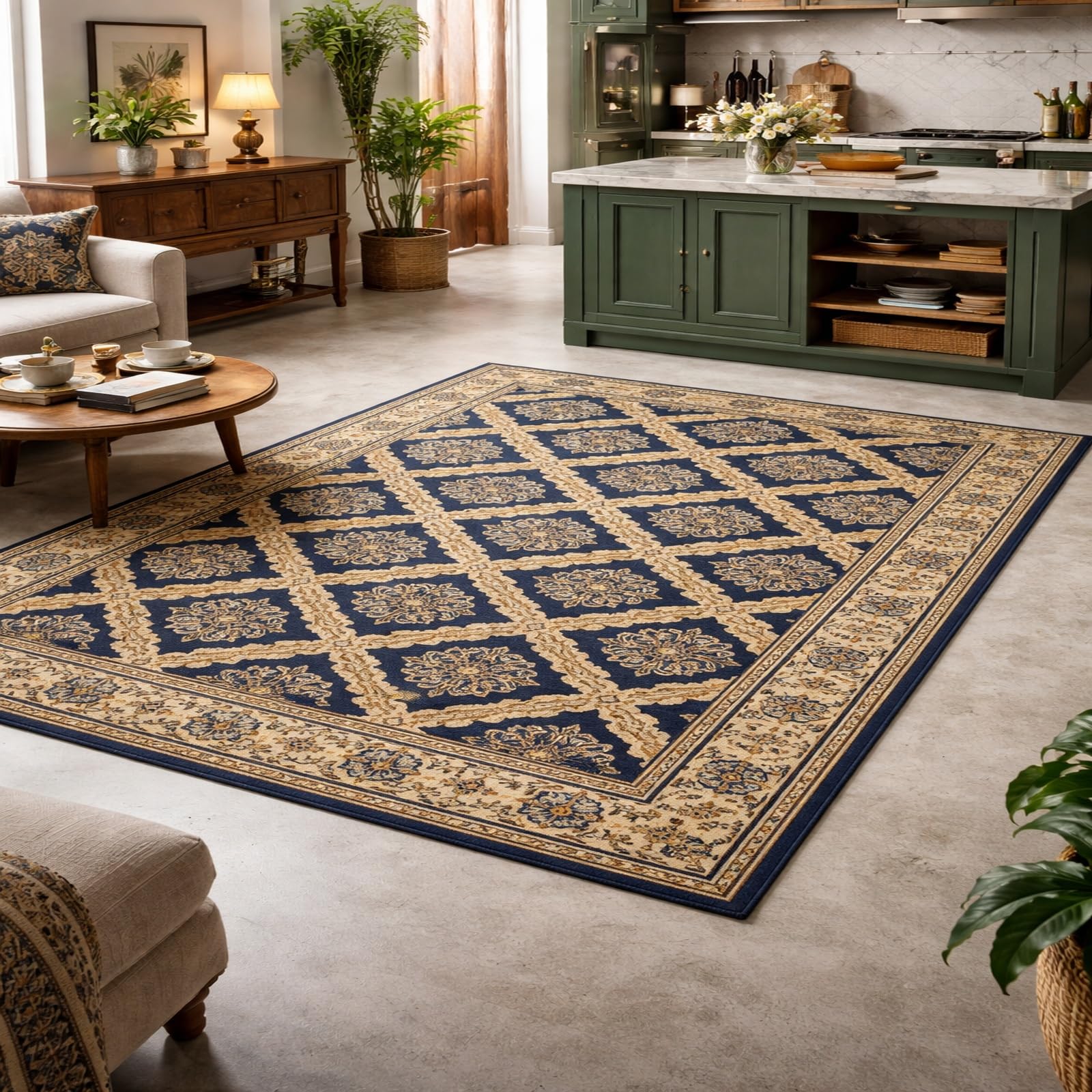 Alfombra suave tradicional azul marino Rururug de 160 x 230 cm para interior