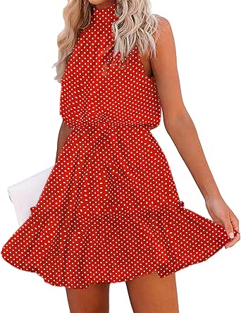 BTFBM Women 2023 Summer Halter Neck Dresses Sleeveless Casual Floral Polka Dot Print Short Boho Ruffle Sundress