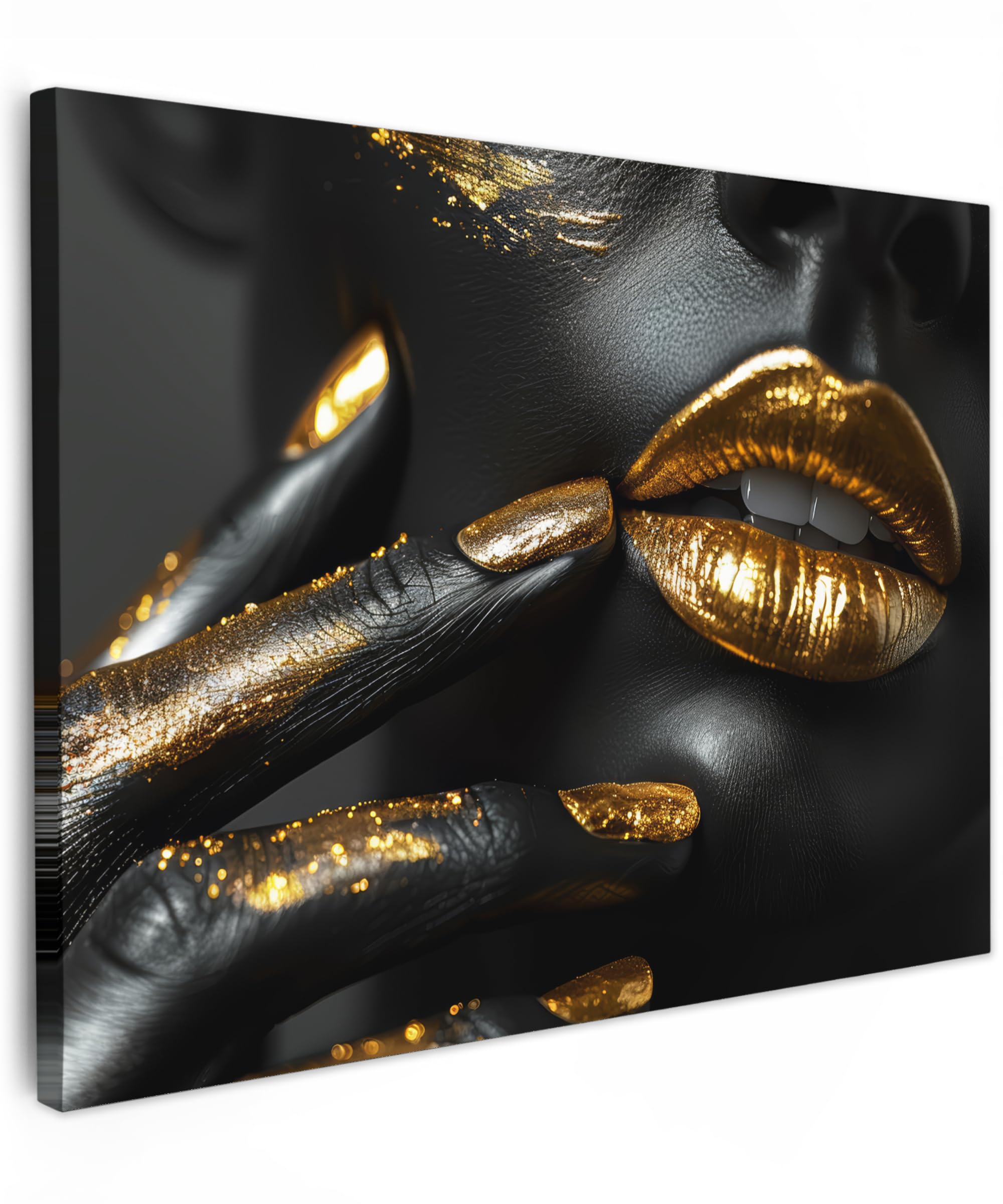 MuchoWow© Leinwände 70x50 cm Wall Decoration Bilder für die Wand Schlafzimmer Deko Pictures Canvas Painting Wanddekoration Wohnzimmer Gold - Lippen - Porträt - Abstrakt - Luxus