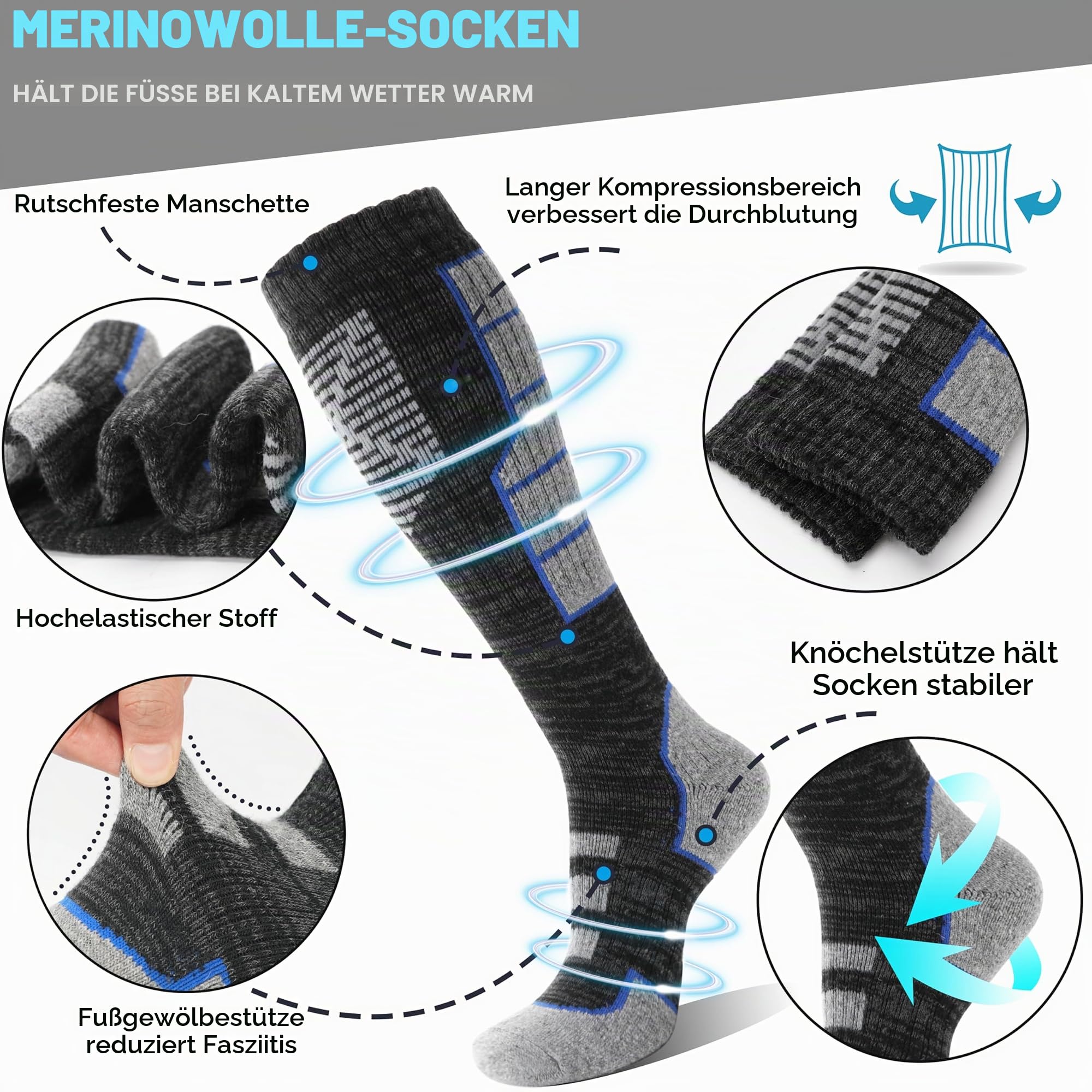 MOSEY KOSY 3 Paar Unisex Merino Wolle Skisocken Thermo Warme Winter Dicke Kniehohe Lange Sport Socken für Wandern Skifahren
