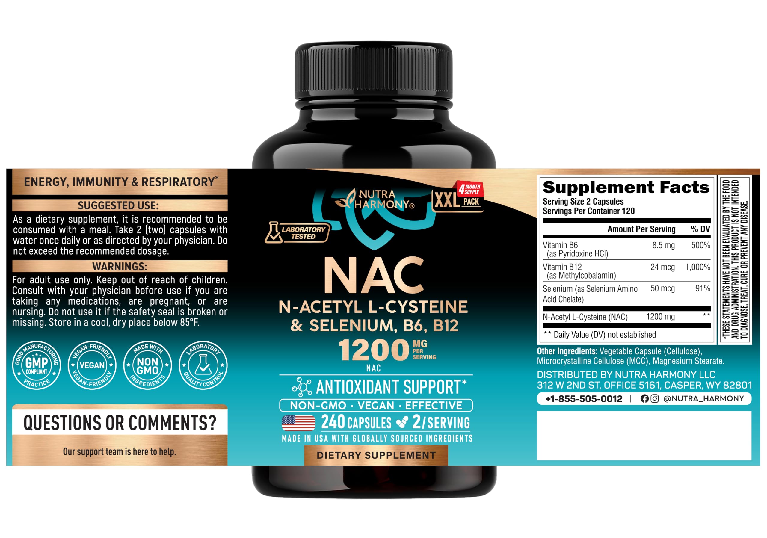 NAC Supplement with Selenium, B6 & B12 - NAC 1200 mg - Lab Tested, 240 Caps — Amazon image 2