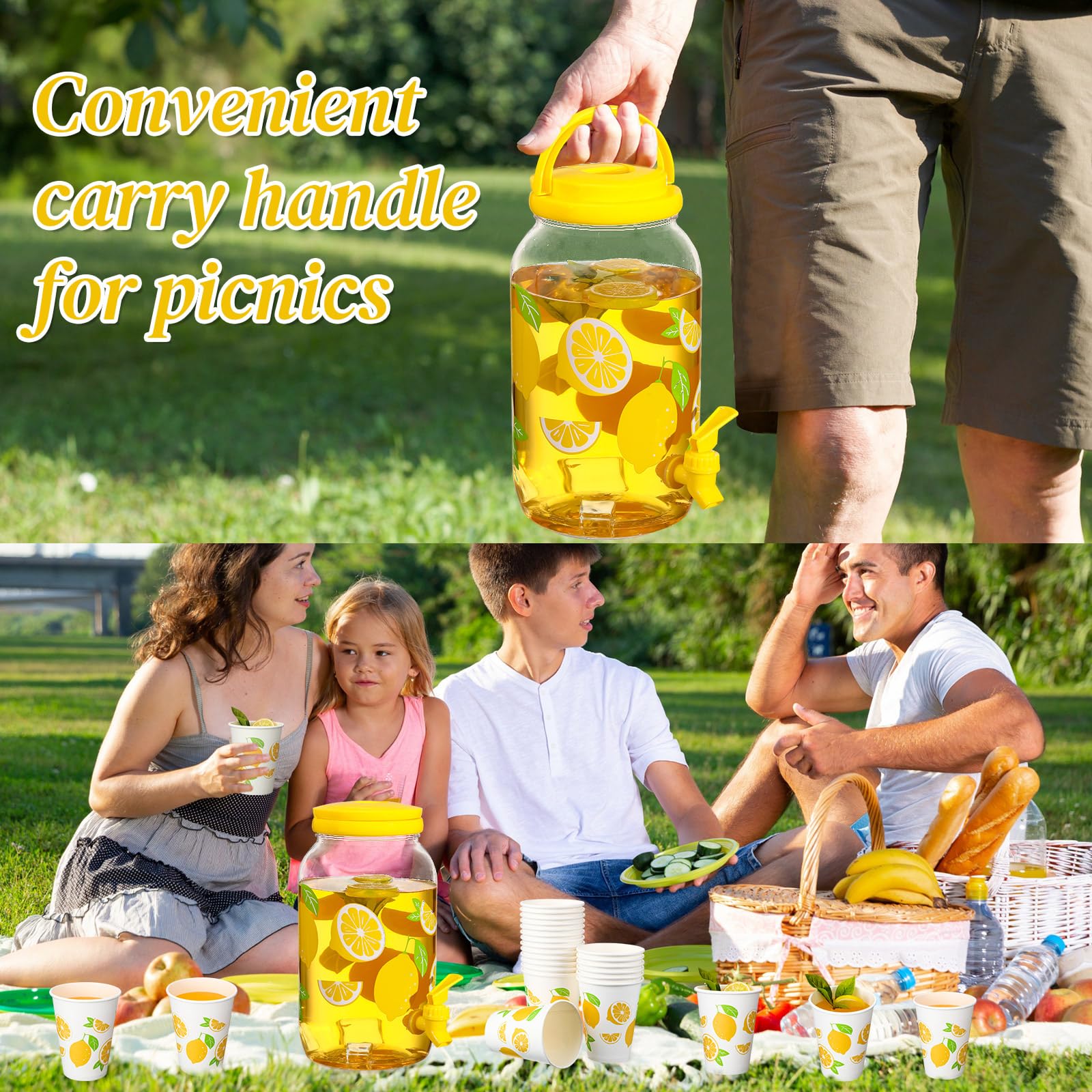 Umigy Dispensador de bebidas de plástico transparente de limón con 20 vasos de papel de limón de 12 onzas, dispensador de bebidas de 1 galón, dispensador de bebidas de plástico con espiga para jugo,