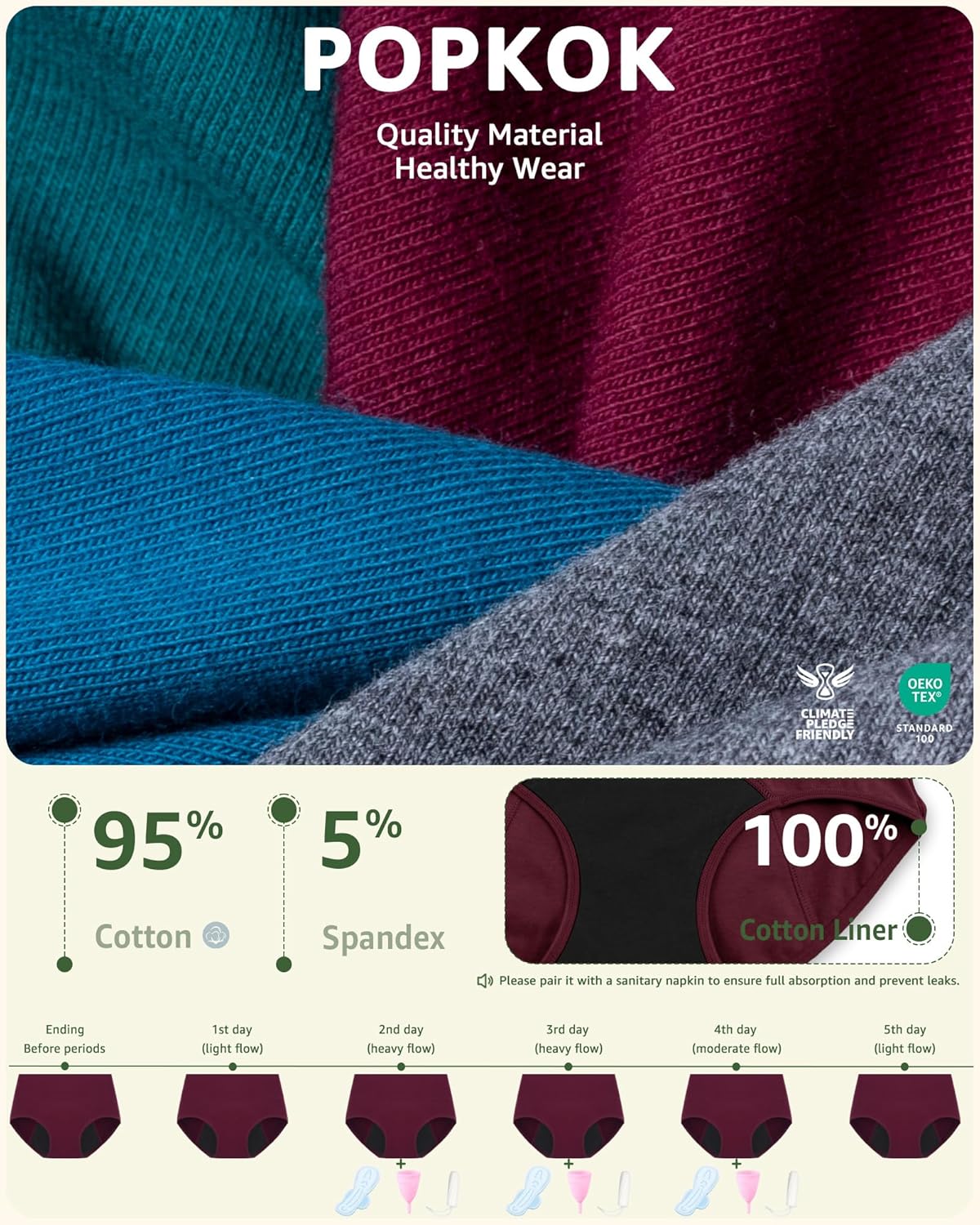 POPKOK Period Underwear for Women High Waisted Postpartum Menstrual Pantie Leakproof Cotton Briefs 3 Pack Regular & Plus Size - Image 4