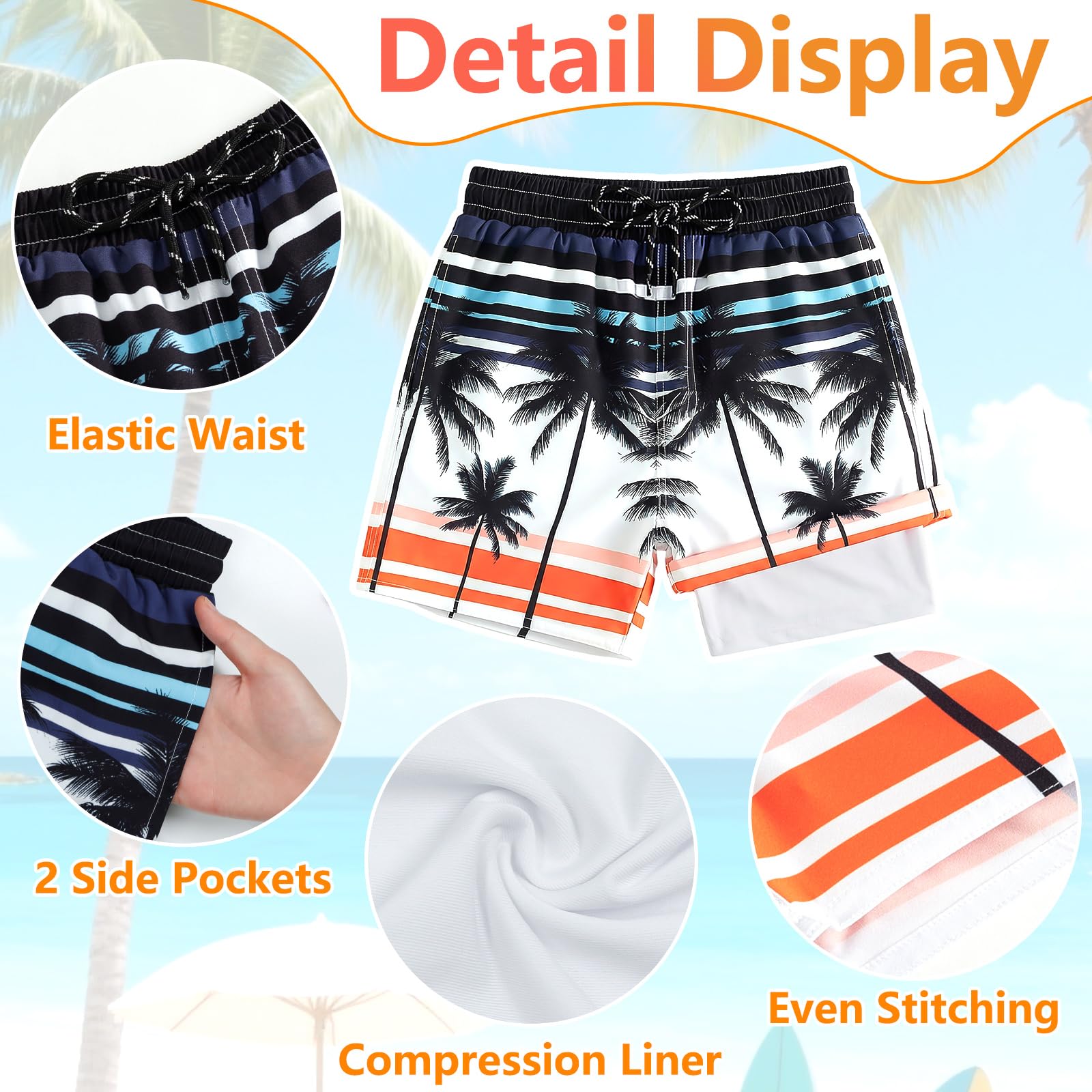 JinBei Short de Bain Garcons Doublure de Compression Maillot de Bain Enfant Séchage Rapide Shorts de Plage avec Poche Ceinture Élastique Boardshorts pour Surf Natation Vacances, 7-13 Ans