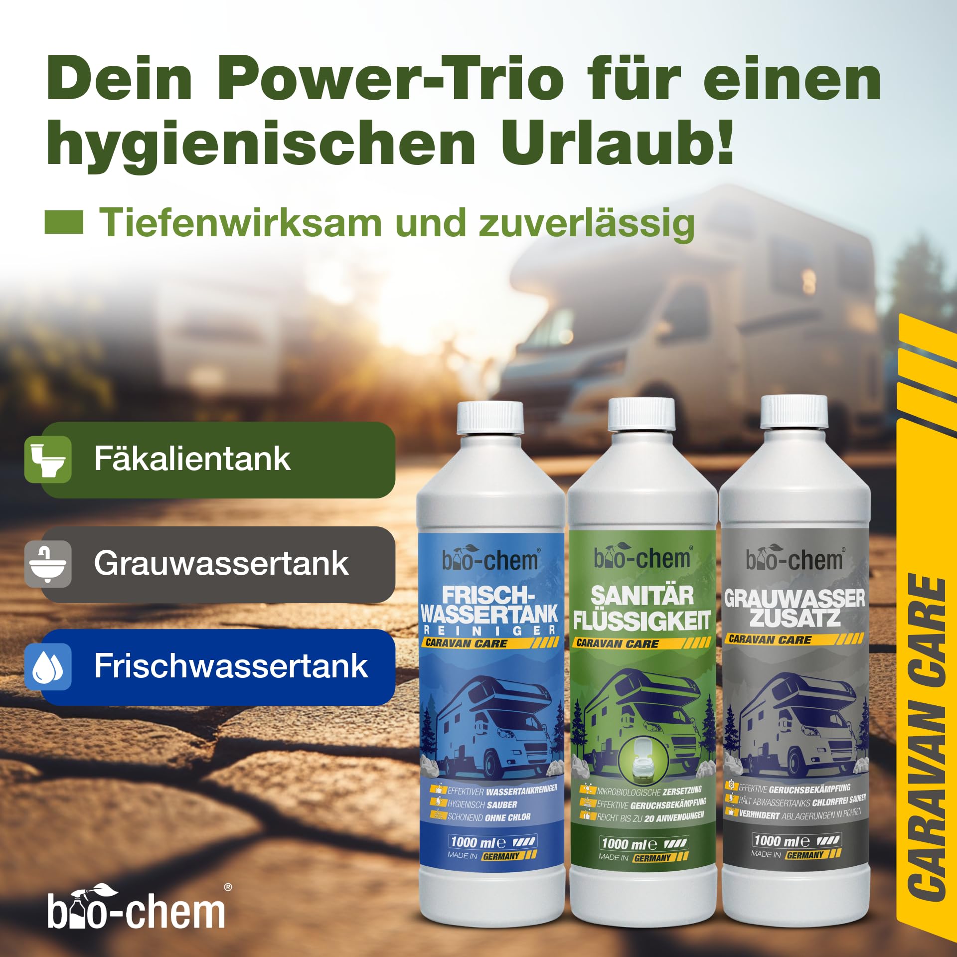 bio-chem Camping Hygiene Zusätze Set 3-teilig | Mit Sanitärflüssigkeit 1L, Frischwassertank-Reiniger 1L und Grauwassertank-Zusatz 1L | Campingtoiletten-Zusätze