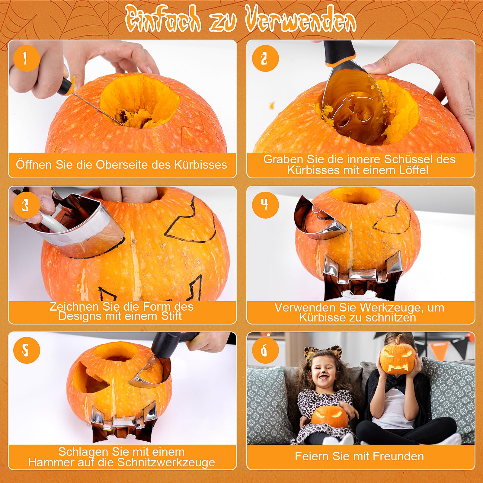 Meetory Juego de 13 piezas para tallar calabaza de Halloween, herramienta de tallado de calabaza de acero inoxidable con plantillas, kit de tallado de calabaza para niños y familiares
