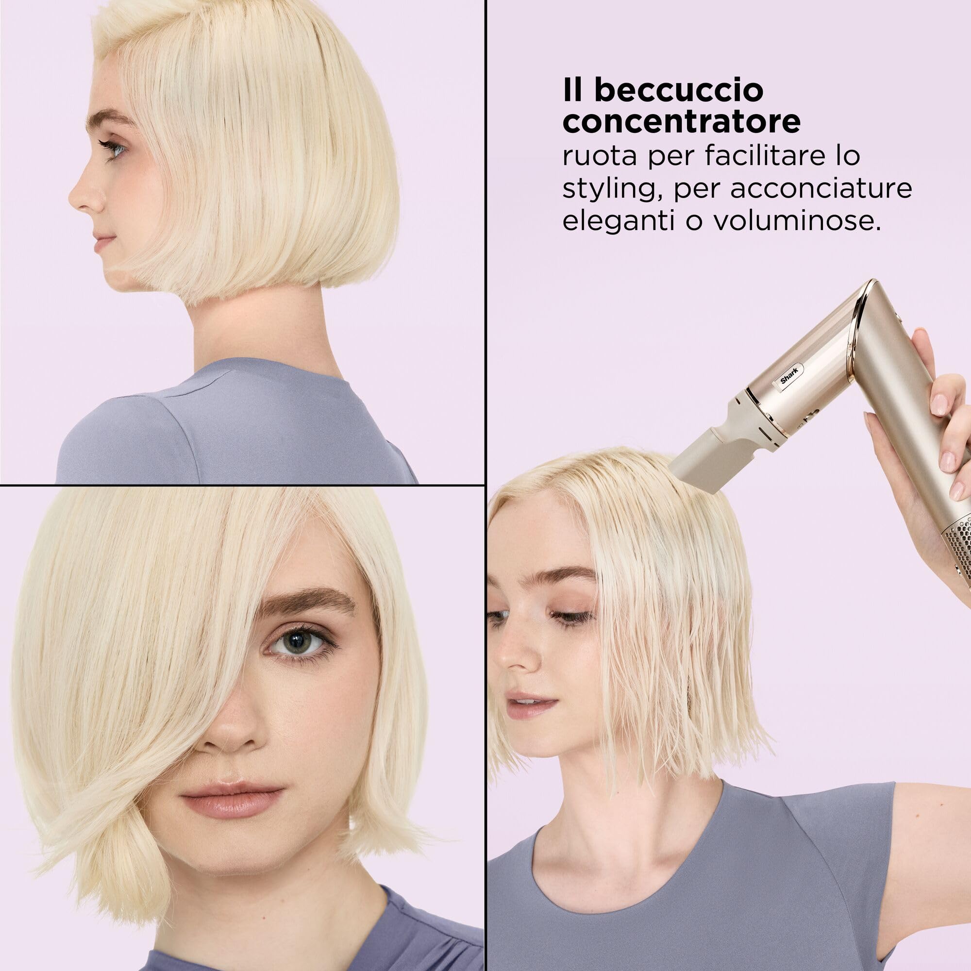 Shark FLEXSTYLE Styler e Asciugacapelli 3 en 1, con Arricciacapelli, Spazzola Ovale Volumizzante, Concentratore e Custodia da Viaggio, Senza Danni da Calore, StarDust, HD426SLEU